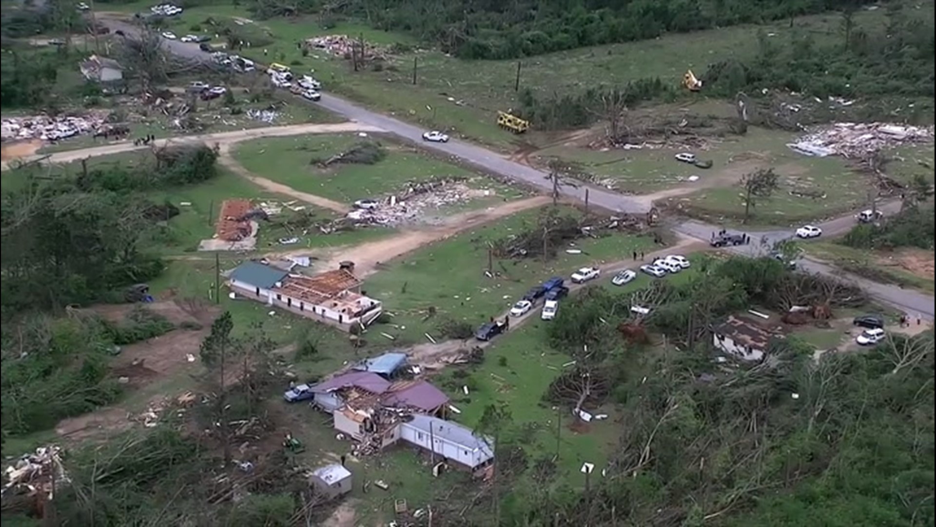 Drone footage captured on April 13, shows the destruction left behind by a tornado which hit Jefferson Davis County, Mississippi, on April 12.