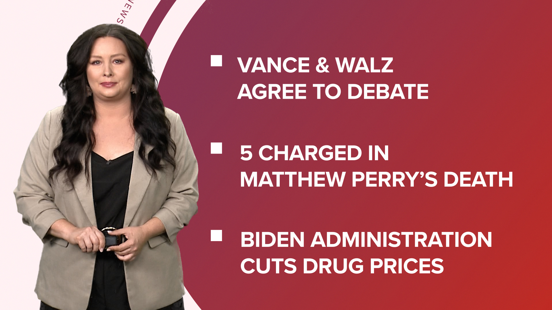 A look at what is happening in the news from five charged in the death of actor, Matthew Perry and VP debate set to Biden administration cutting drug prices.