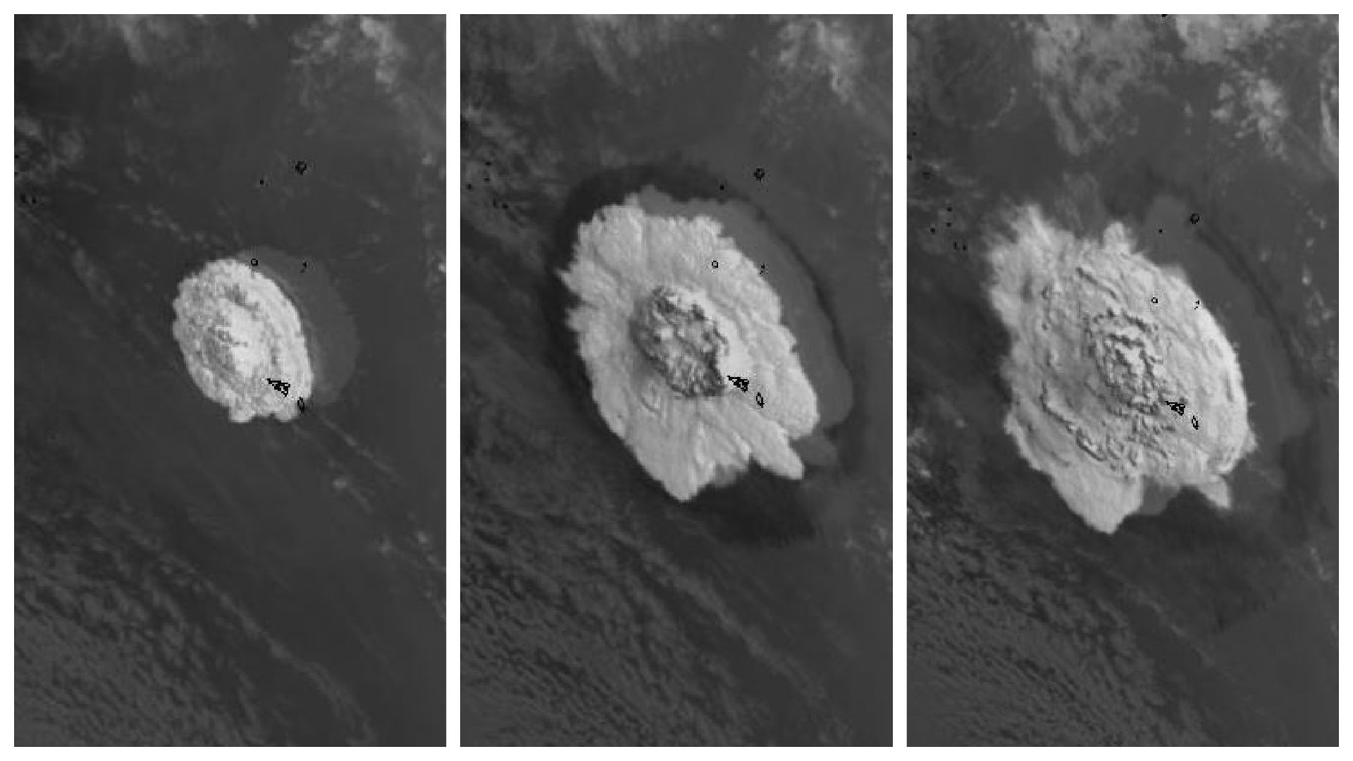 Images from the GOES-West satellite captured the eruption of the undersea Hunga Tonga Hunga Ha’apai volcano near Tonga on Saturday, Jan. 15.