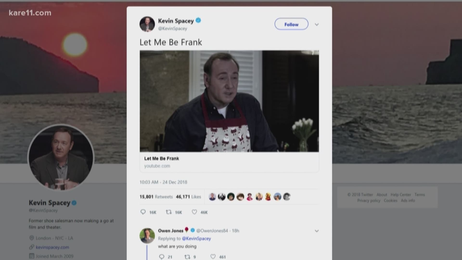 Kevin Spacey broke his silence on Christmas Eve, posting a bizarre video in character as Frank Underwood that has the internet buzzing. https://kare11.tv/2Ta0y6j