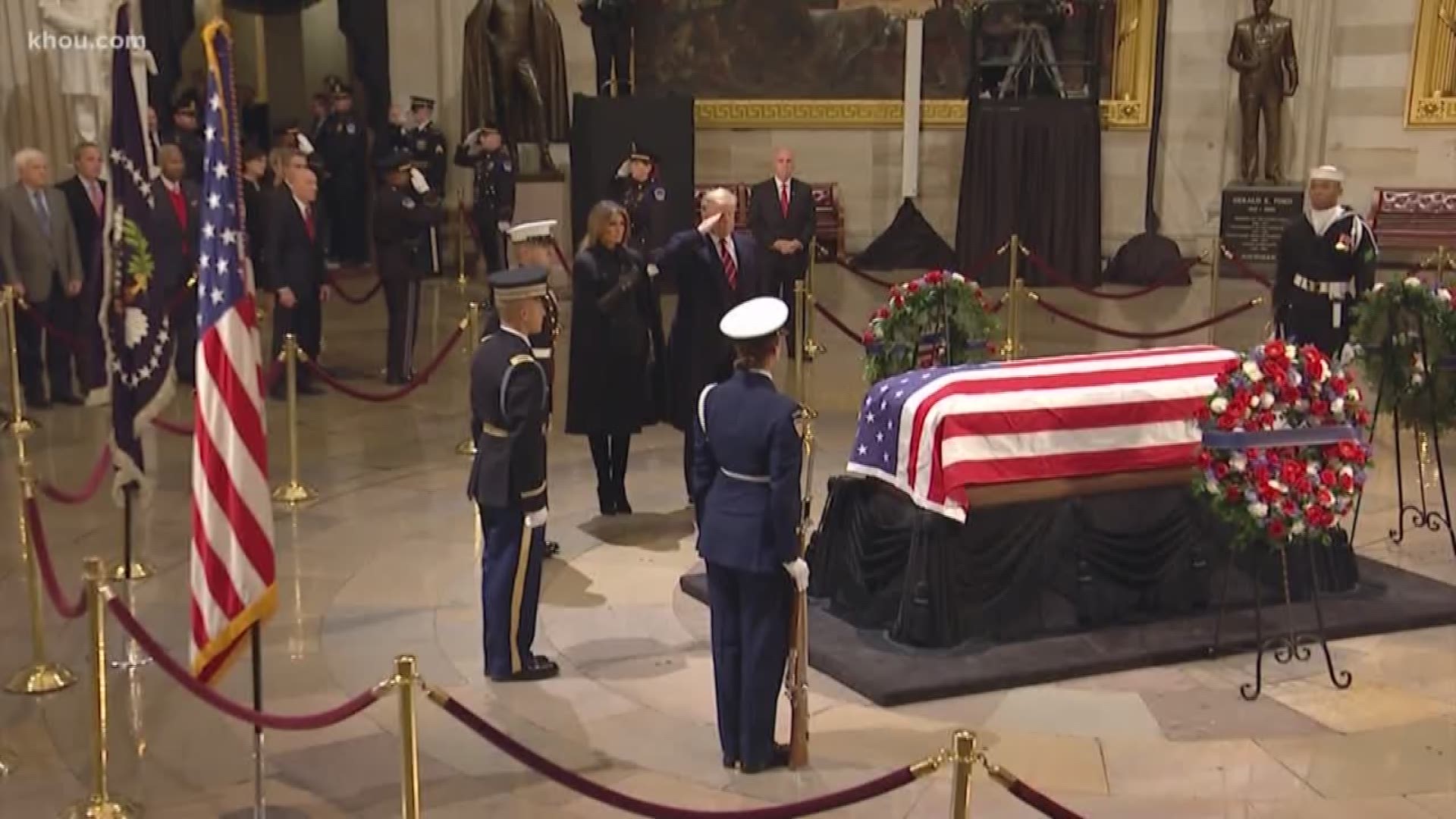 Family, friends and dignitaries paid tribute to President George H.W. Bush Monday in both Houston and Washington, D.C.