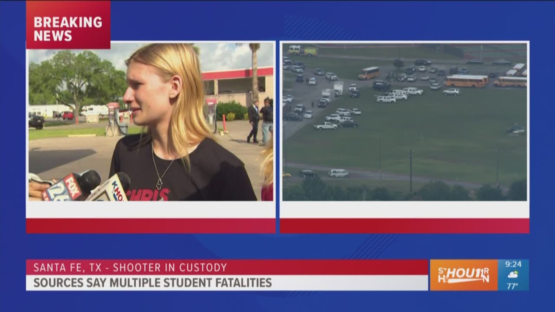 An emotional student says her friend helped her flee the scene of Friday morning's shooting at Santa Fe High School.