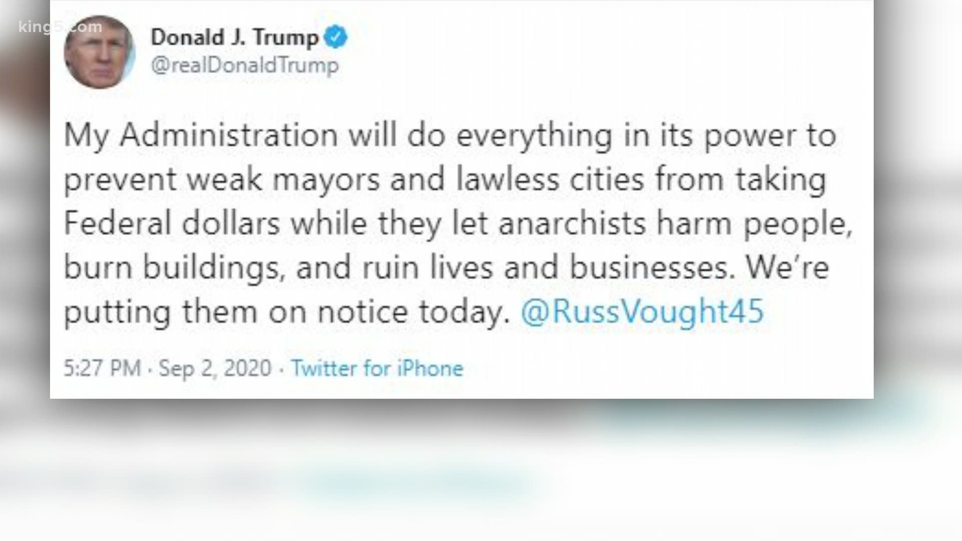 President Donald Trump has ordered a federal review of ways to defund the city of Seattle and other cities he deemed "lawless" after protests over police brutality.