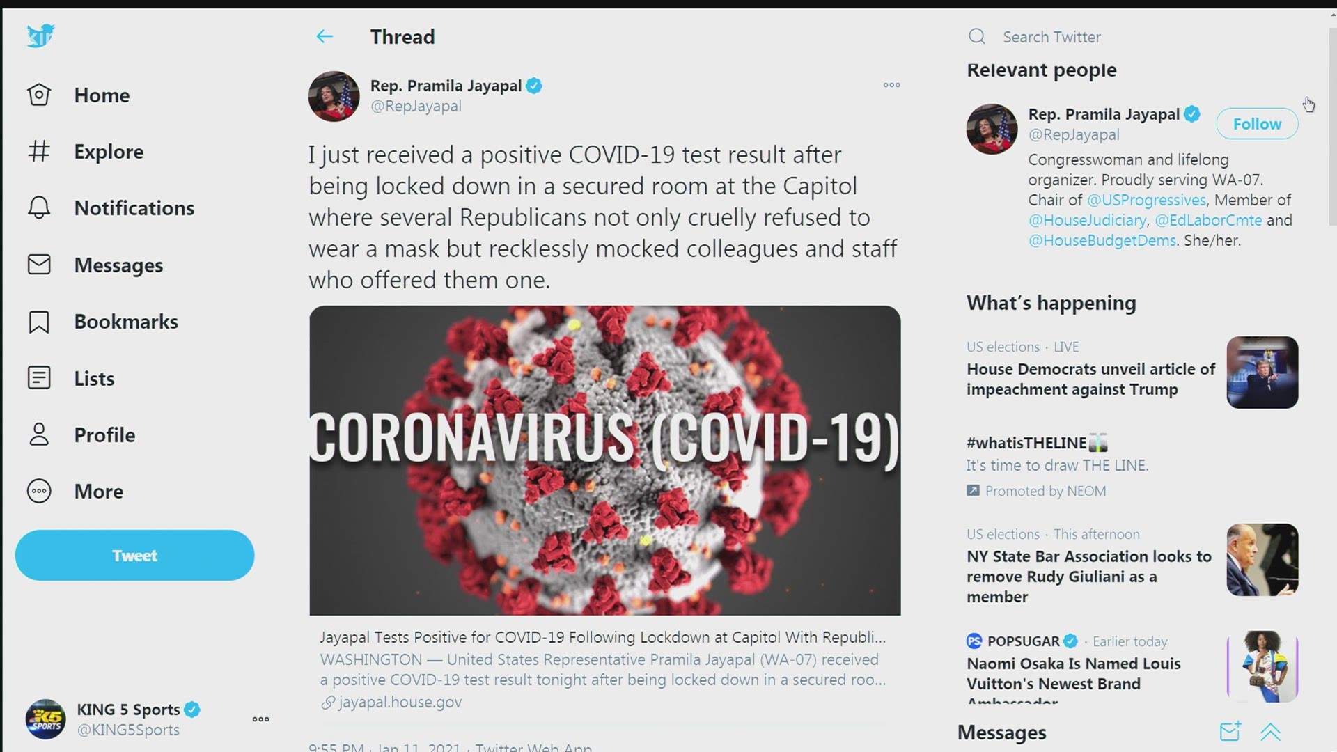 In a tweet thread Monday night, Rep. Pramila Jayapal, of Seattle, said she was locked down in a room where several other lawmakers refused to wear masks.