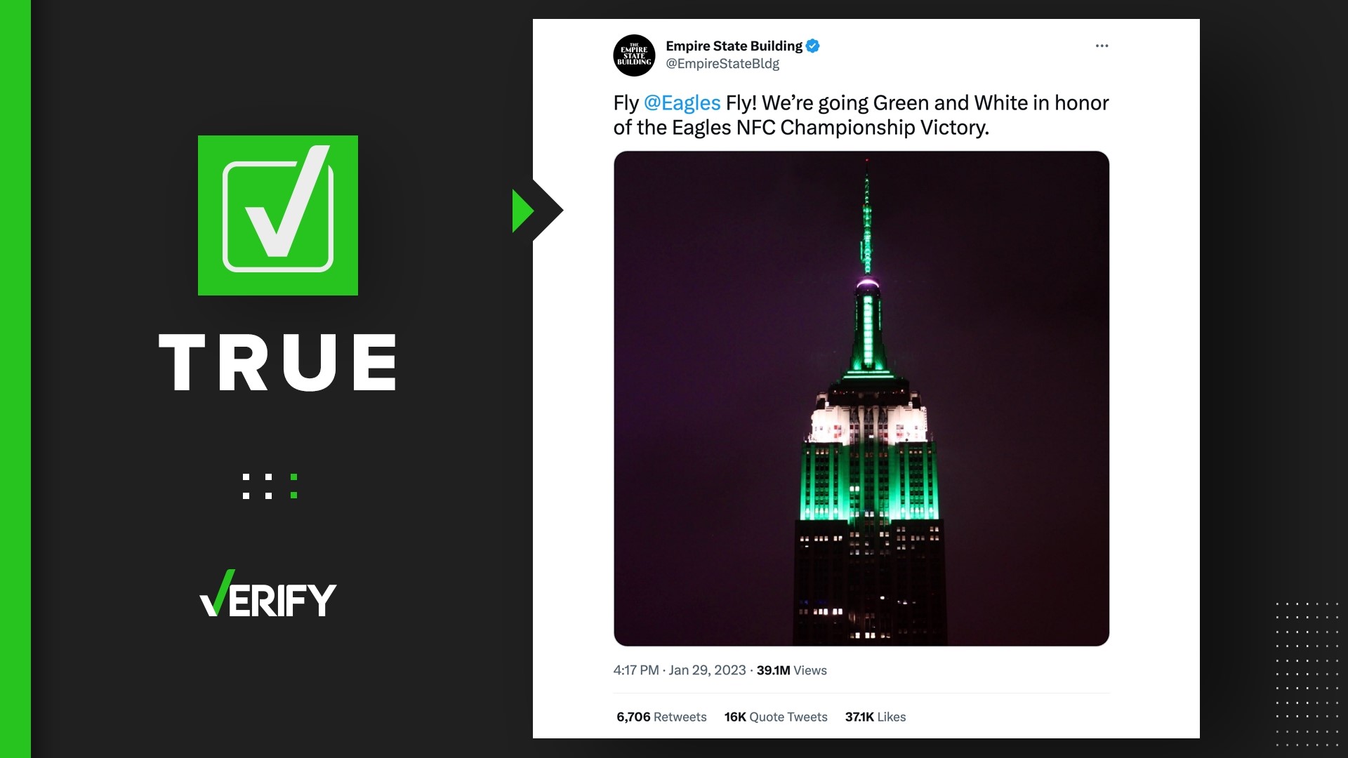 The Empire State Building regularly changes its LED lights depending on the occasion. Most recently, it was for the victors of the AFC and NFC championship games.