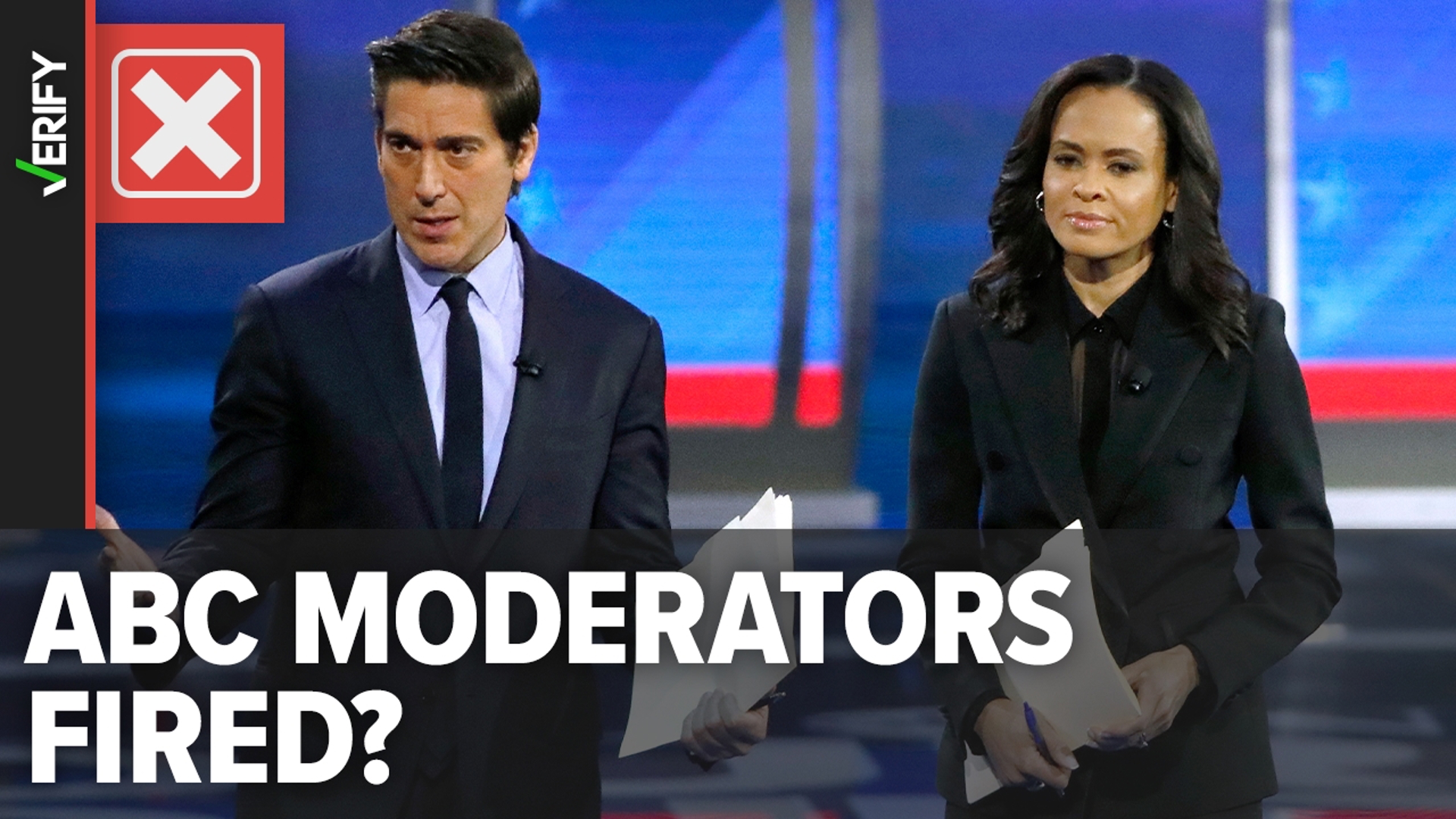 False claims that ABC News fired presidential debate moderators David Muir and Linsey Davis stem from satirical articles.