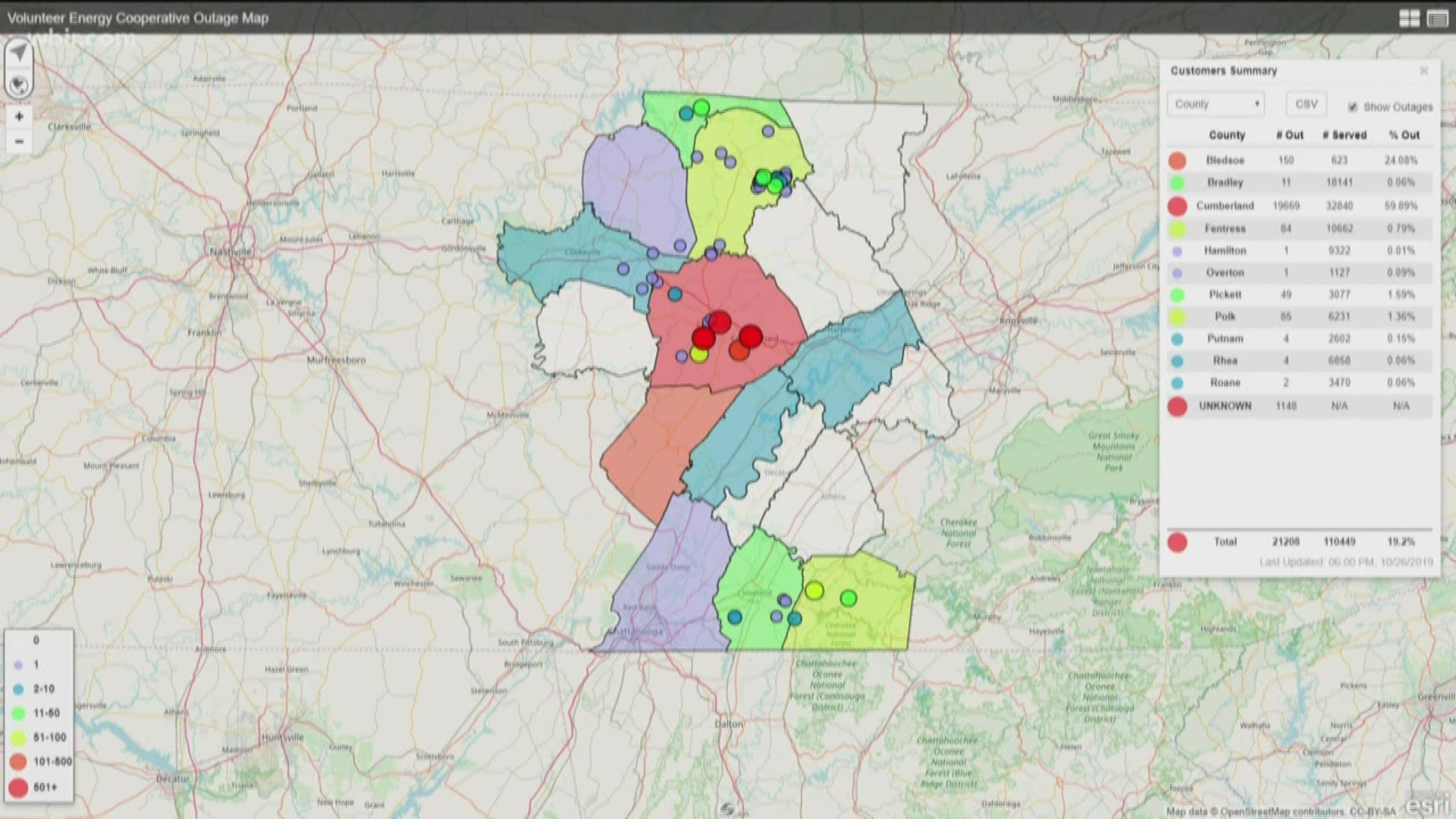 Thousands were without power in East Tennessee on Saturday night.