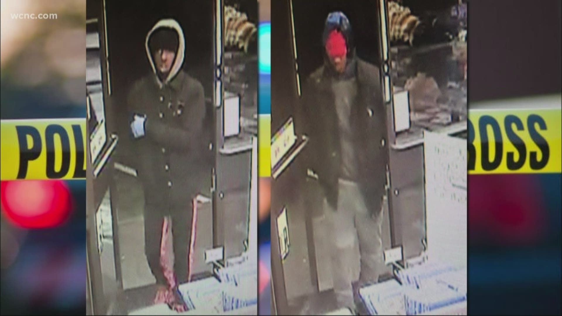 Charlotte-Mecklenburg Police are looking for two men who were caught on surveillance camera robbing a 7-Eleven at gunpoint.