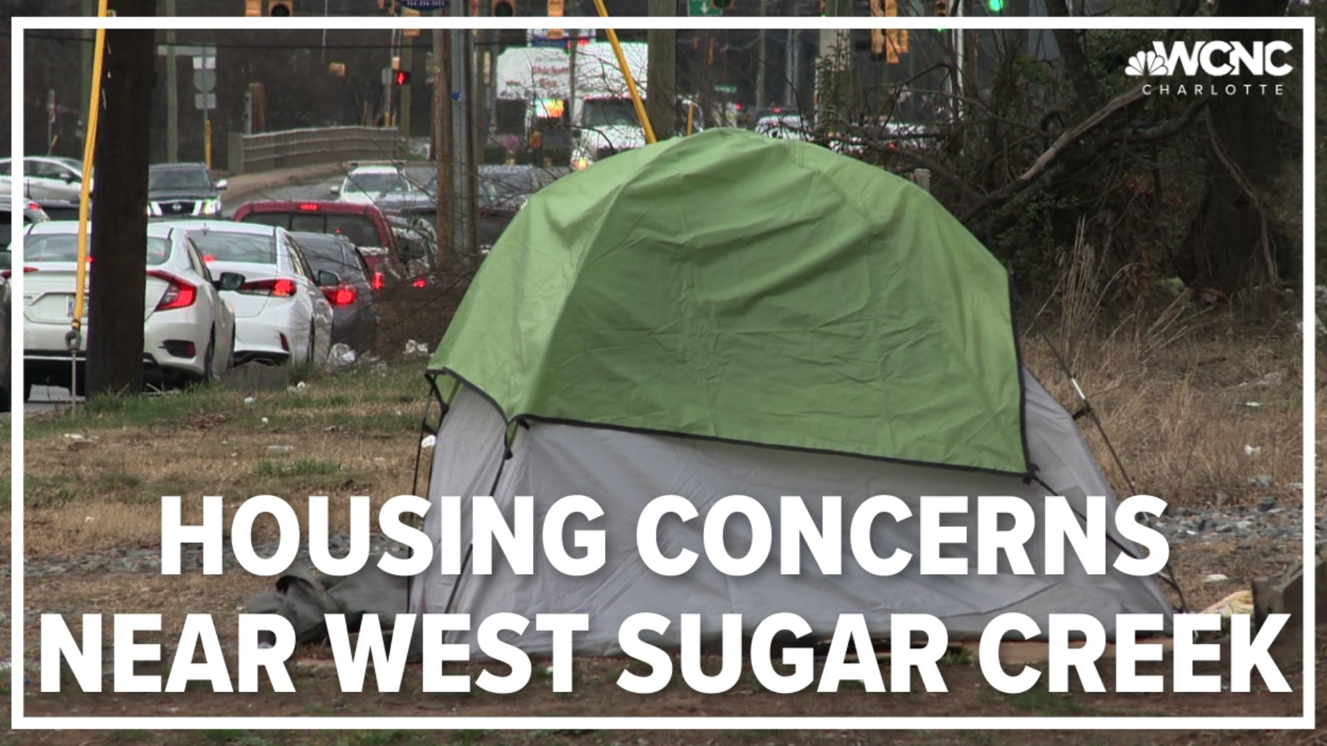 A homeless camp popped up on the 1000 block of West Sugar Creek Road, which is near Merlane Drive and not far from I-85.