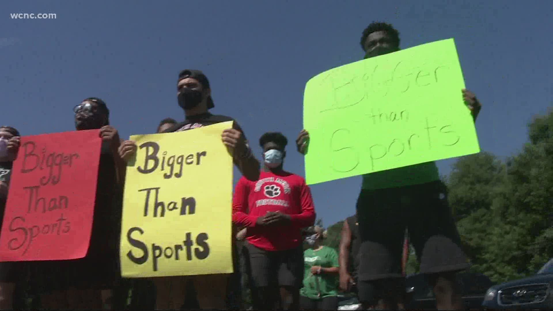 Student-athletes were led by Myers Park QB Drake Maye to protest wanting Fall sports.
