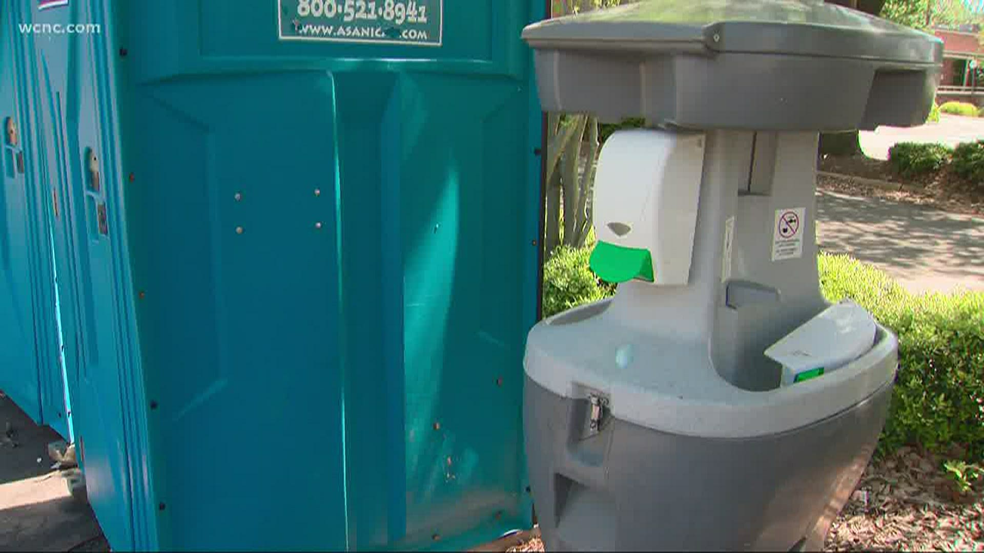Mecklenburg County has installed six temporary washrooms near known homeless encampments in uptown Charlotte. There are plans to install more stations.