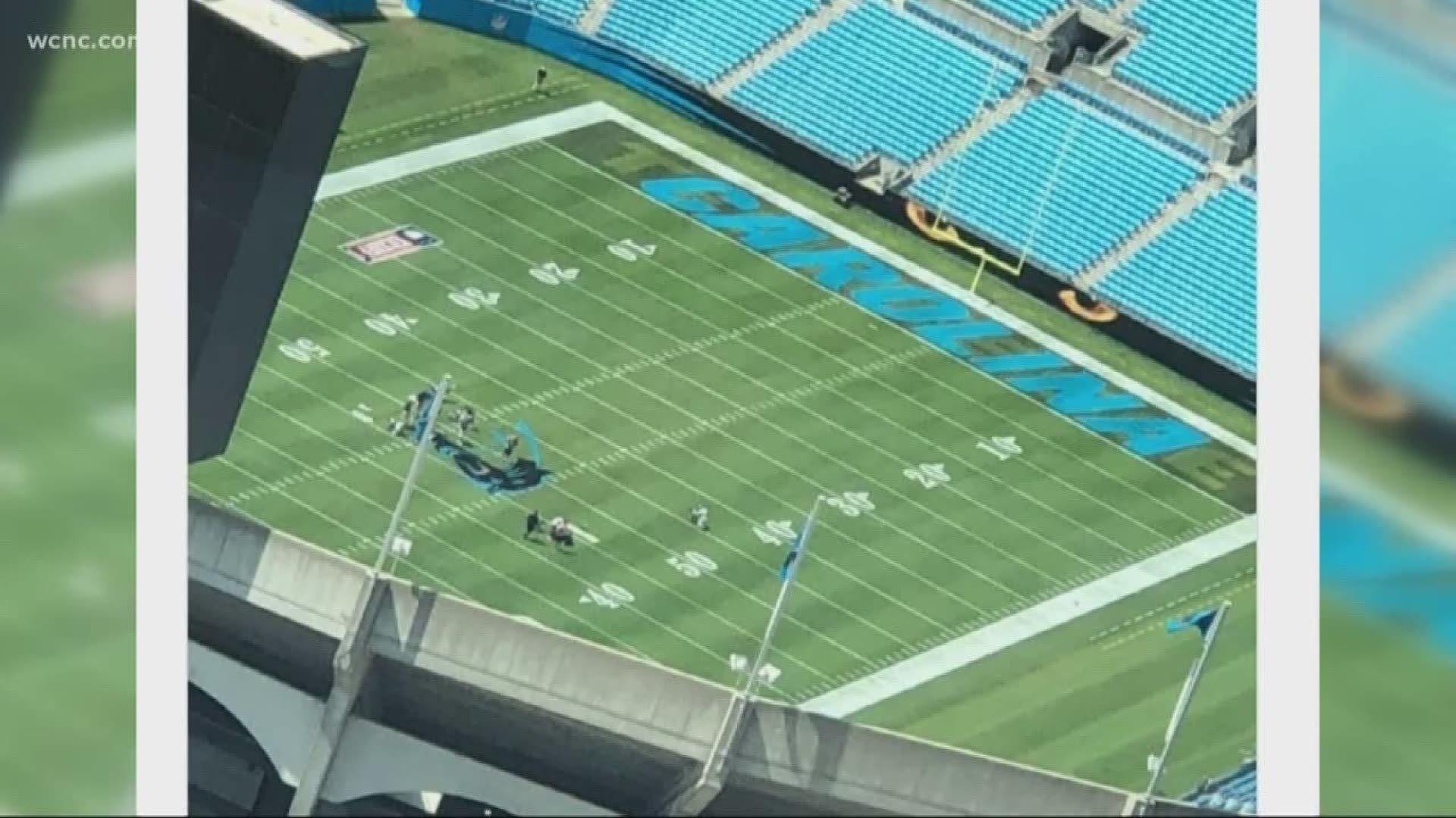 A viewer snapped a photo of crews painting the Panthers logo on the 50-yard line before Sunday's game.