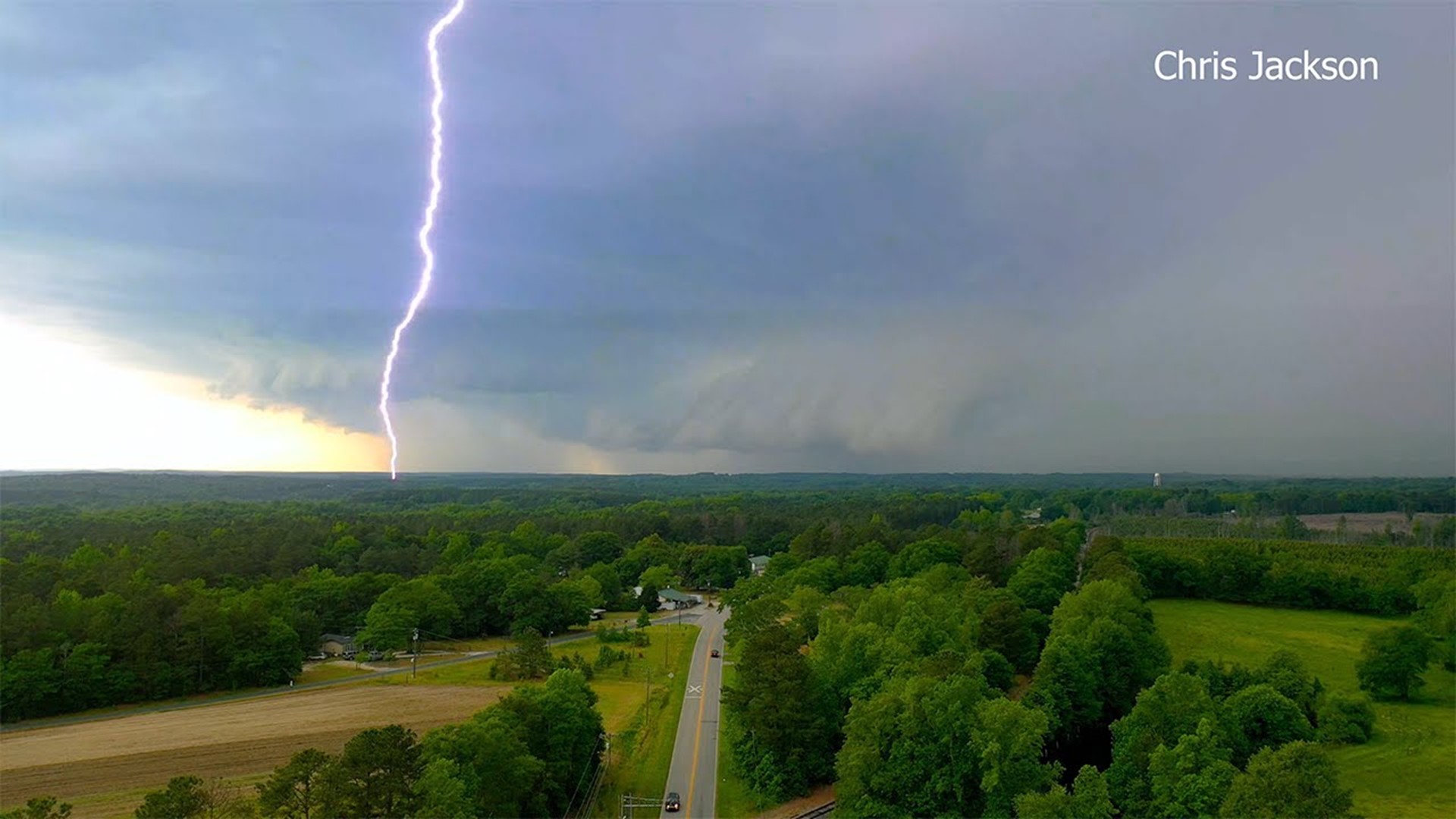 Aerial drone  video shows a tornadic thundestorm producing lightning and hail near Chester and Lancaster counties in South Carolina Tuesday.