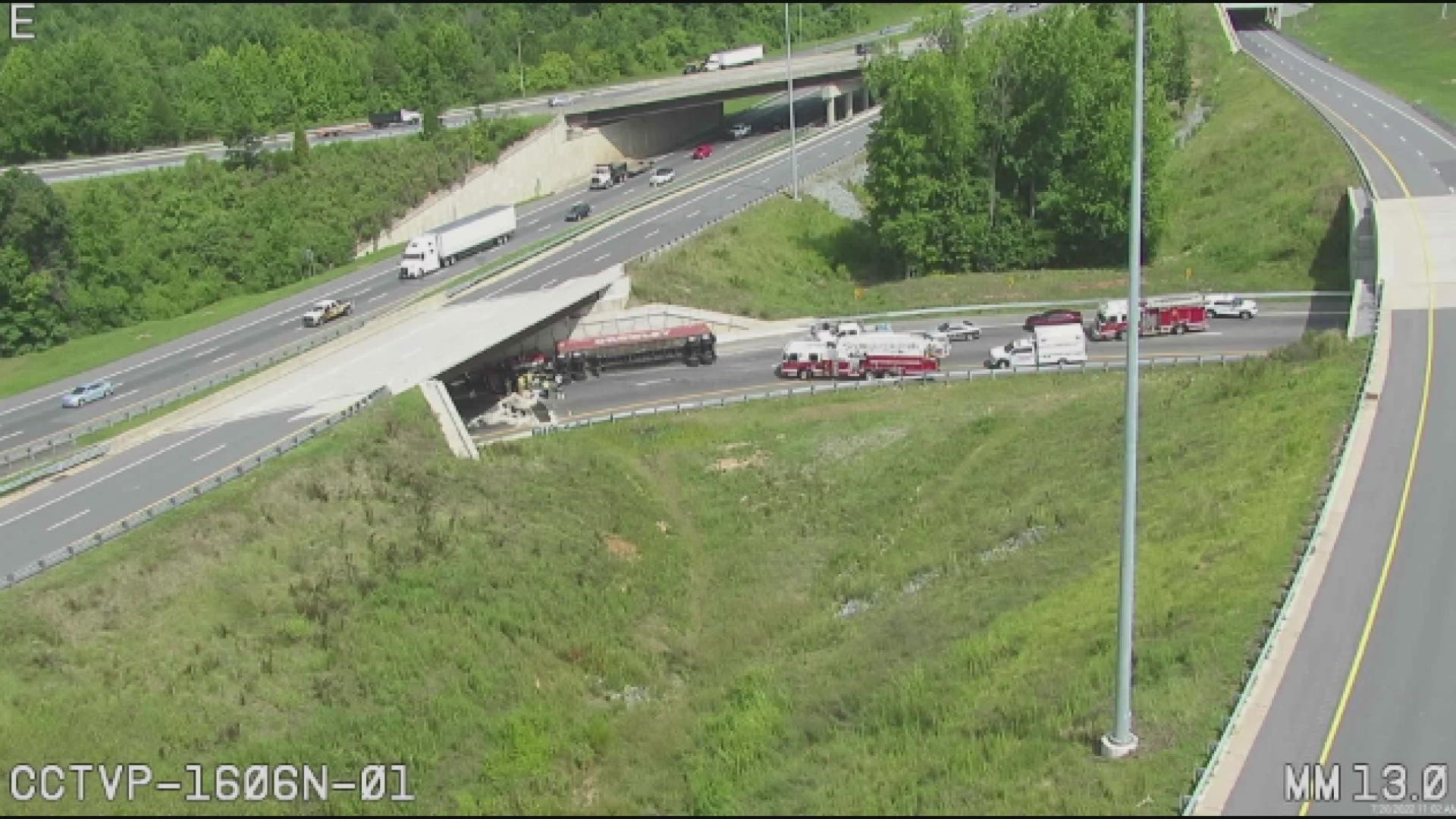 All lanes of the ramp from I-85 south to I-77 south just north of Uptown are blocked due to an overturned tractor-trailer.