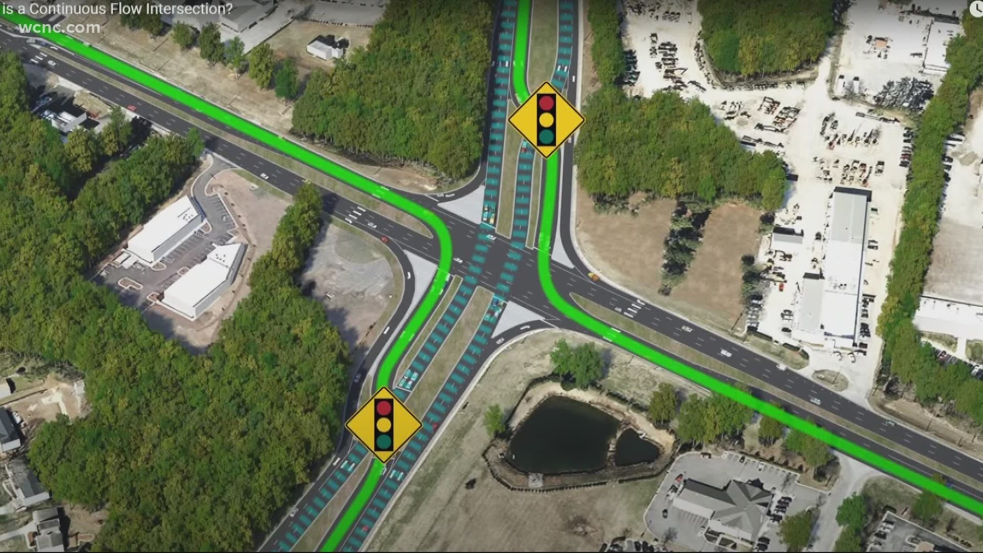 The continuous flow intersection at Brookshire Boulevard and Mount Holly-Huntersville Road is the first for North Carolina.