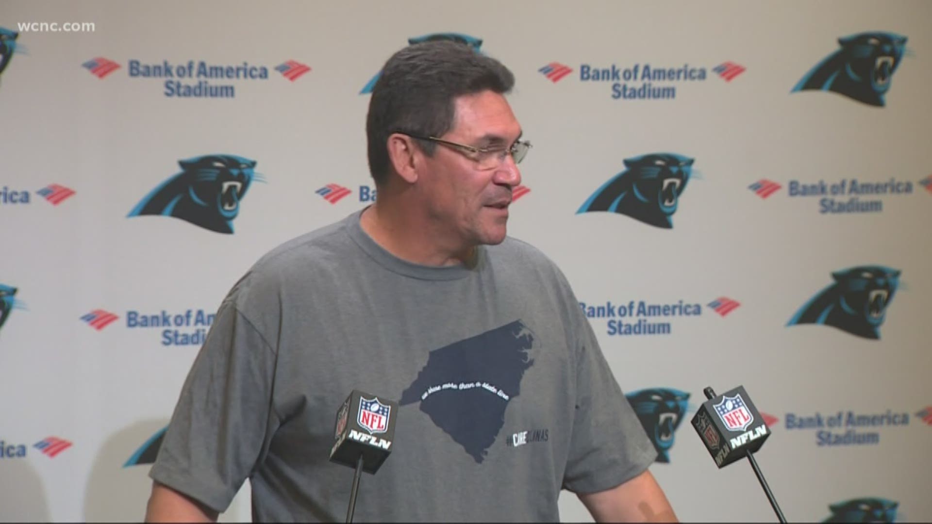 Carolina Panthers head coach promotes #Careolinas t-shirts to raise money for victims of Florence.