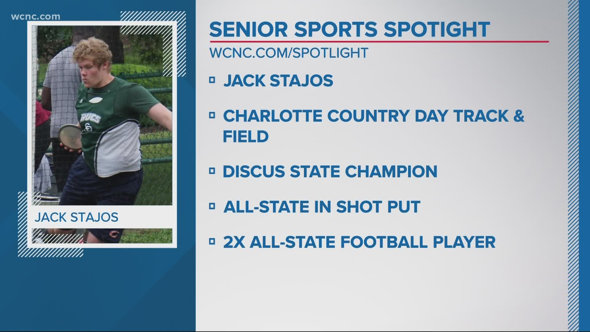 The spotlight is on Jack Stajos from Charlotte Country Day. He is a 2X all-state football player, discus champion, and won all-state in shot put.