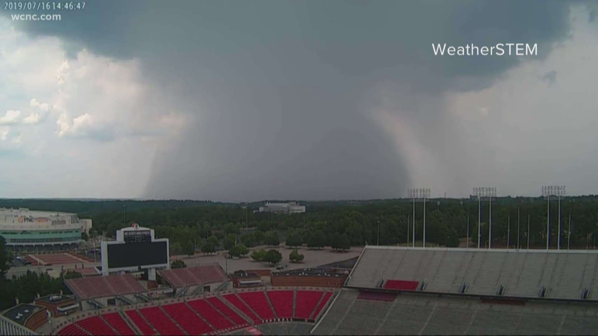 A thunderstorm near Raleigh produced a wet microburst, which is an intense column of air rushing towards the surface. It knocked down several trees near NC State.