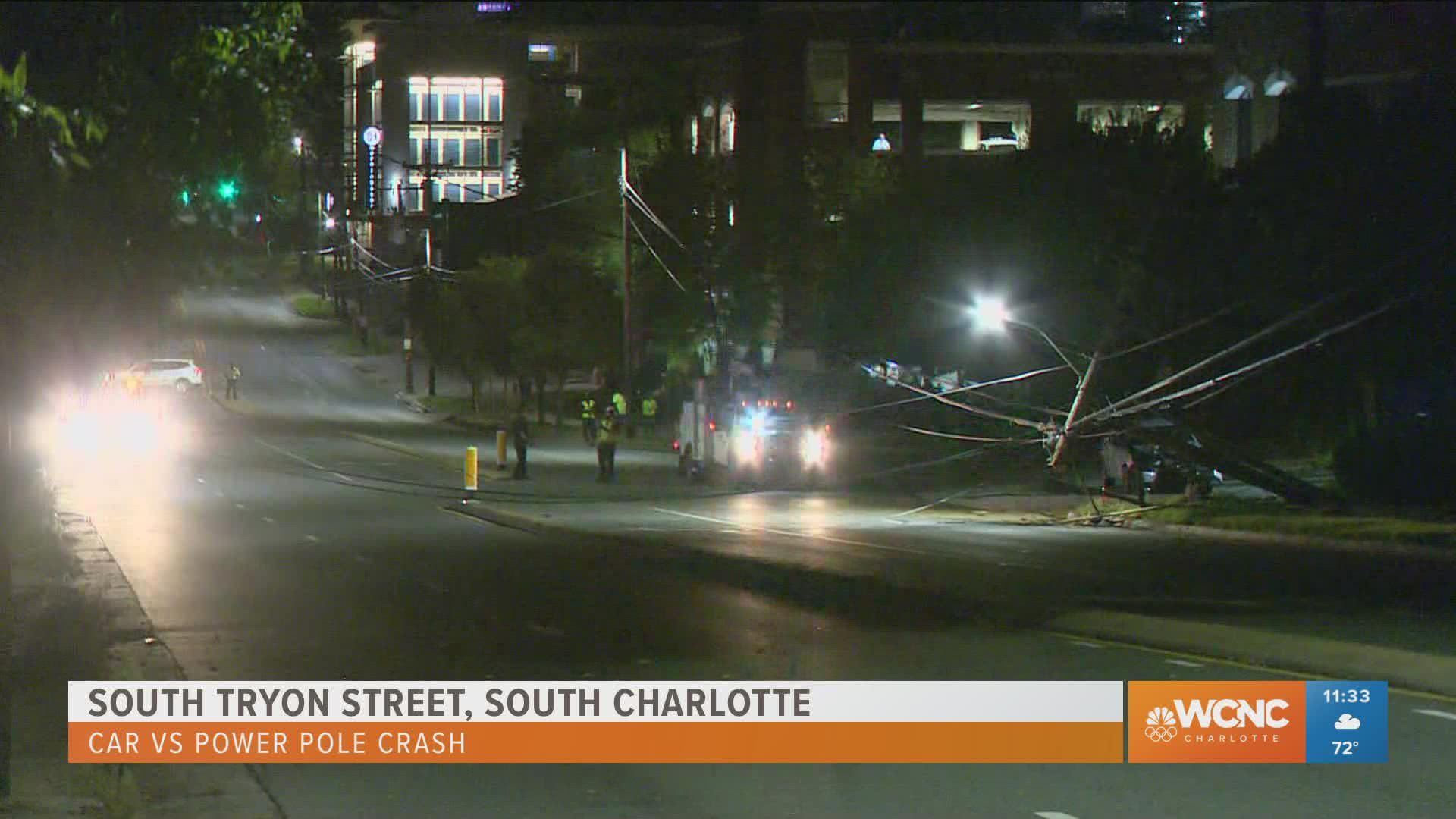 All lanes of South Tryon Street were shut down after a crash knocked down power lines near Remount Road in Charlotte's South End neighborhood.