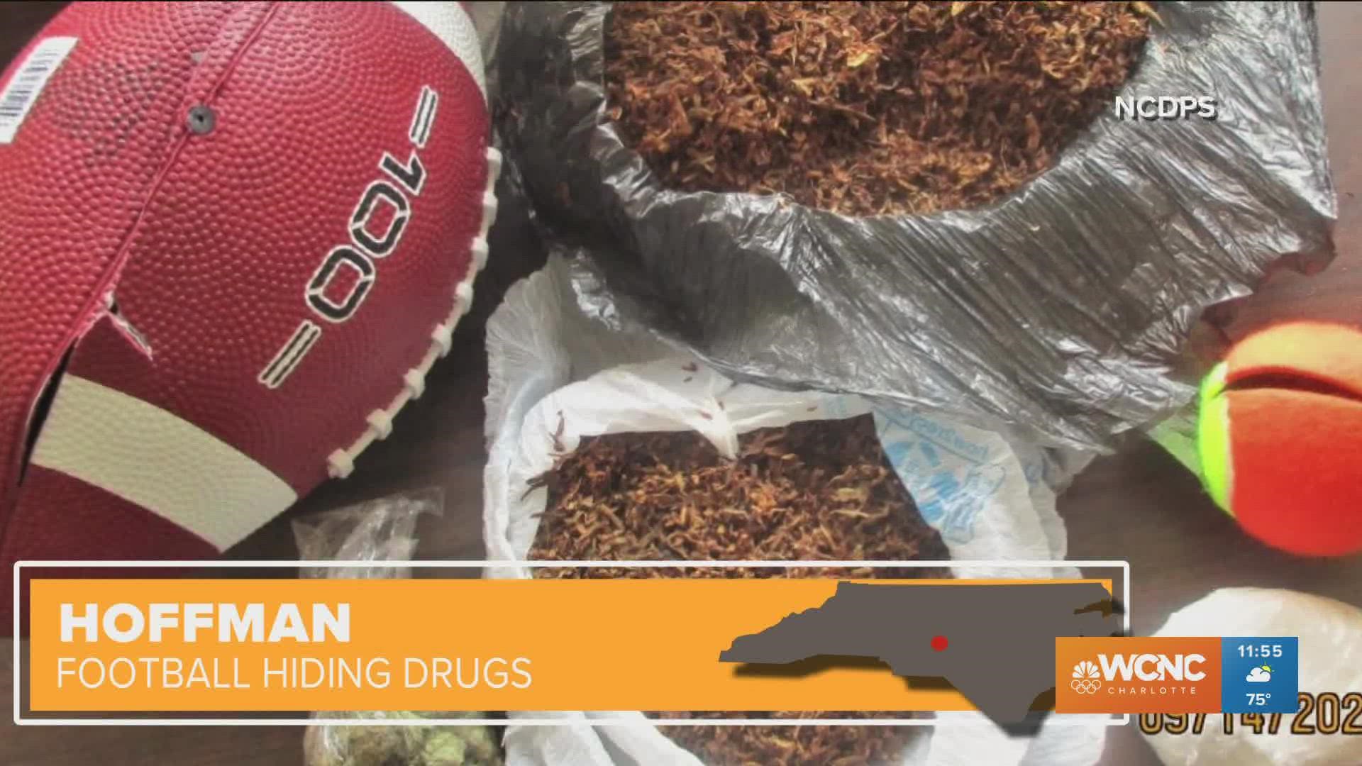 Officers found crystal meth, marijuana and tobacco inside a football between the inner and outer fences at Morrison Correctional Institute in Richmond County.