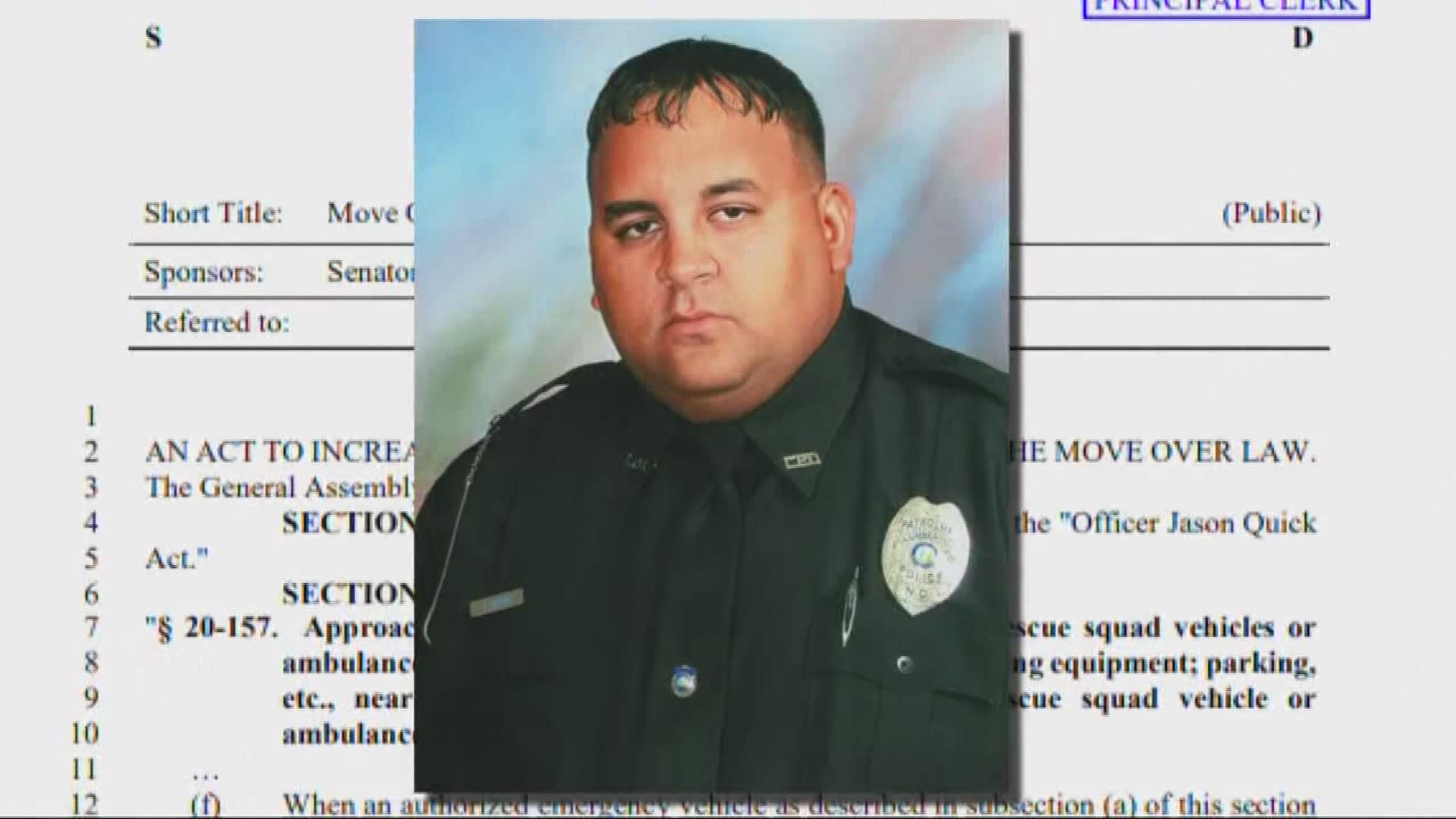 In December, Officer Quick was investigating a car crash when he was hit and killed by a passing car. His grief-stricken widow started advocating for an increase in penalties for the 'Move Over' law.
