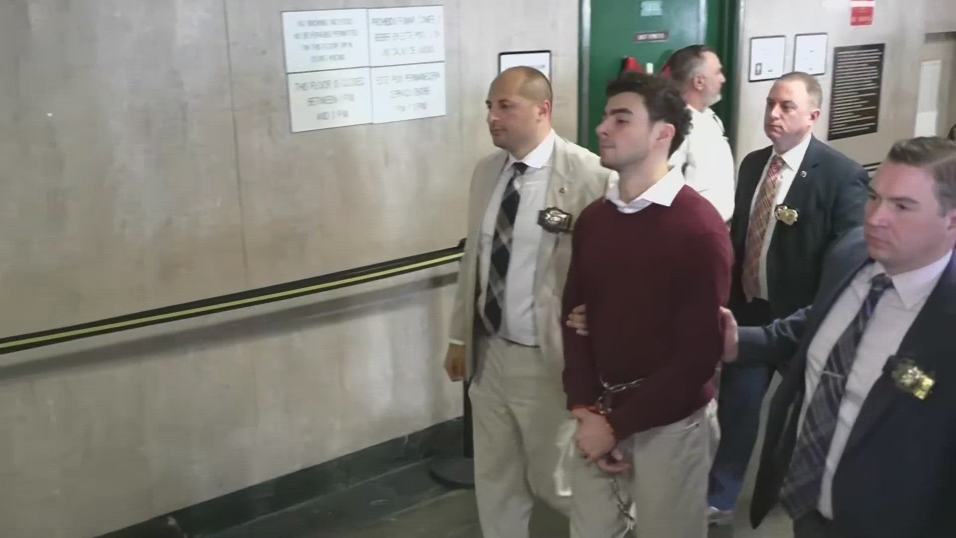 Luigi Mangione leaves a New York courtroom after pleading not guilty to murder charges in the death of UnitedHealthcare CEO Brian Thompson..