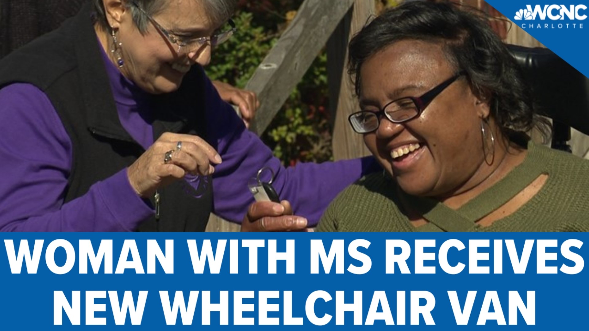 A Charlotte woman with multiple sclerosis was surprised with a new wheelchair van on Giving Tuesday thanks to All Things Possible Medical Fundraising.