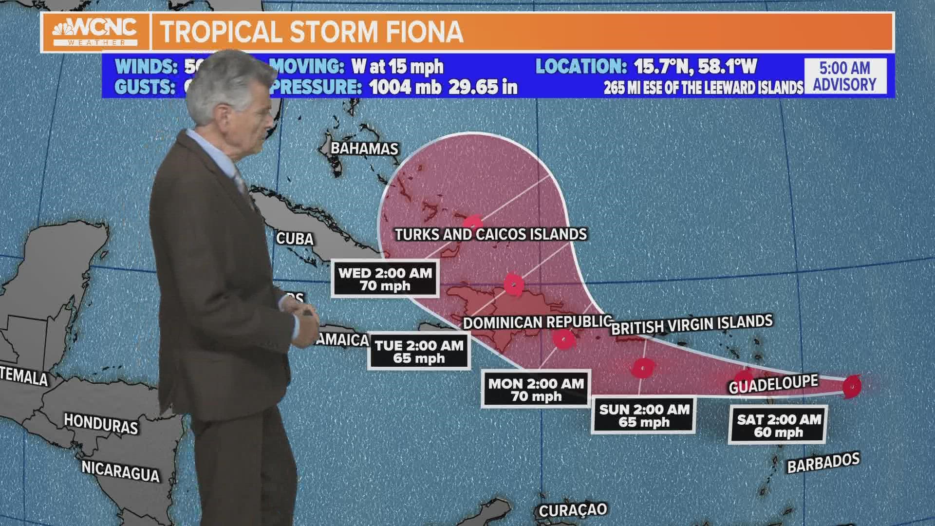 Tropical Storm Fiona has sustained winds of 50 mph and is expected to move west toward the Dominican Republic by early Monday morning.