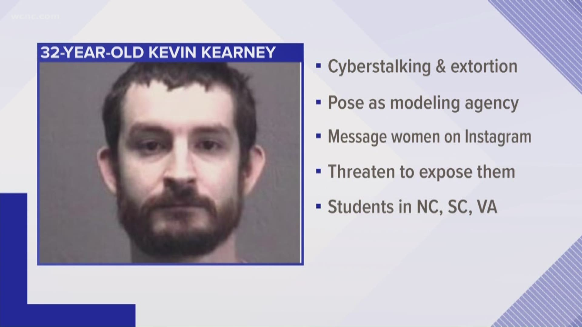 Authorities have arrested Kevin Kearney on cyberstalking and extortion charges, saying he would pose as a modeling agency on Instagram and message women to send photos.