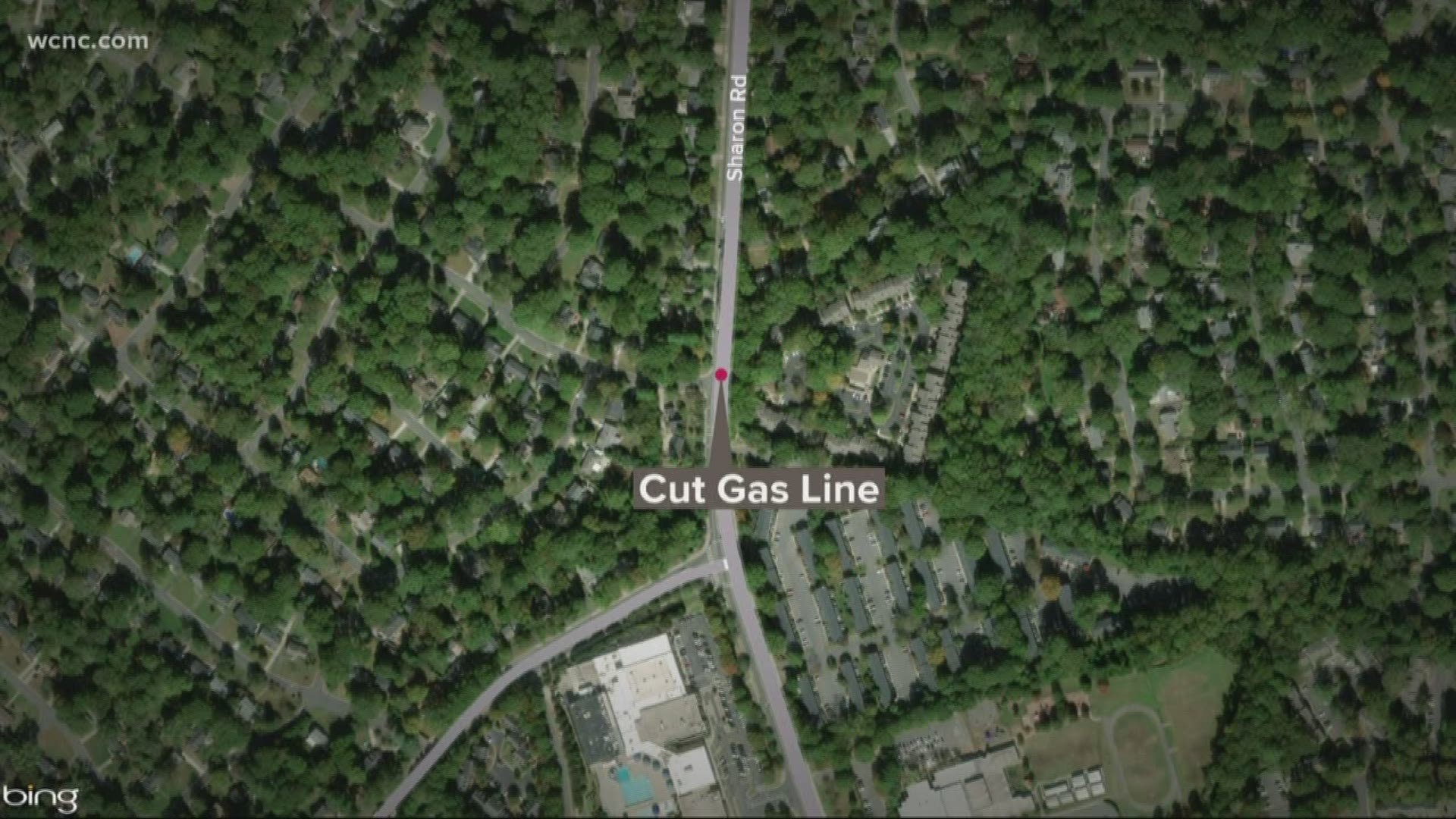 All lanes of Sharon Road are closed due to a cut gas line near the intersection with Quail Hollow Road, firefighters said.