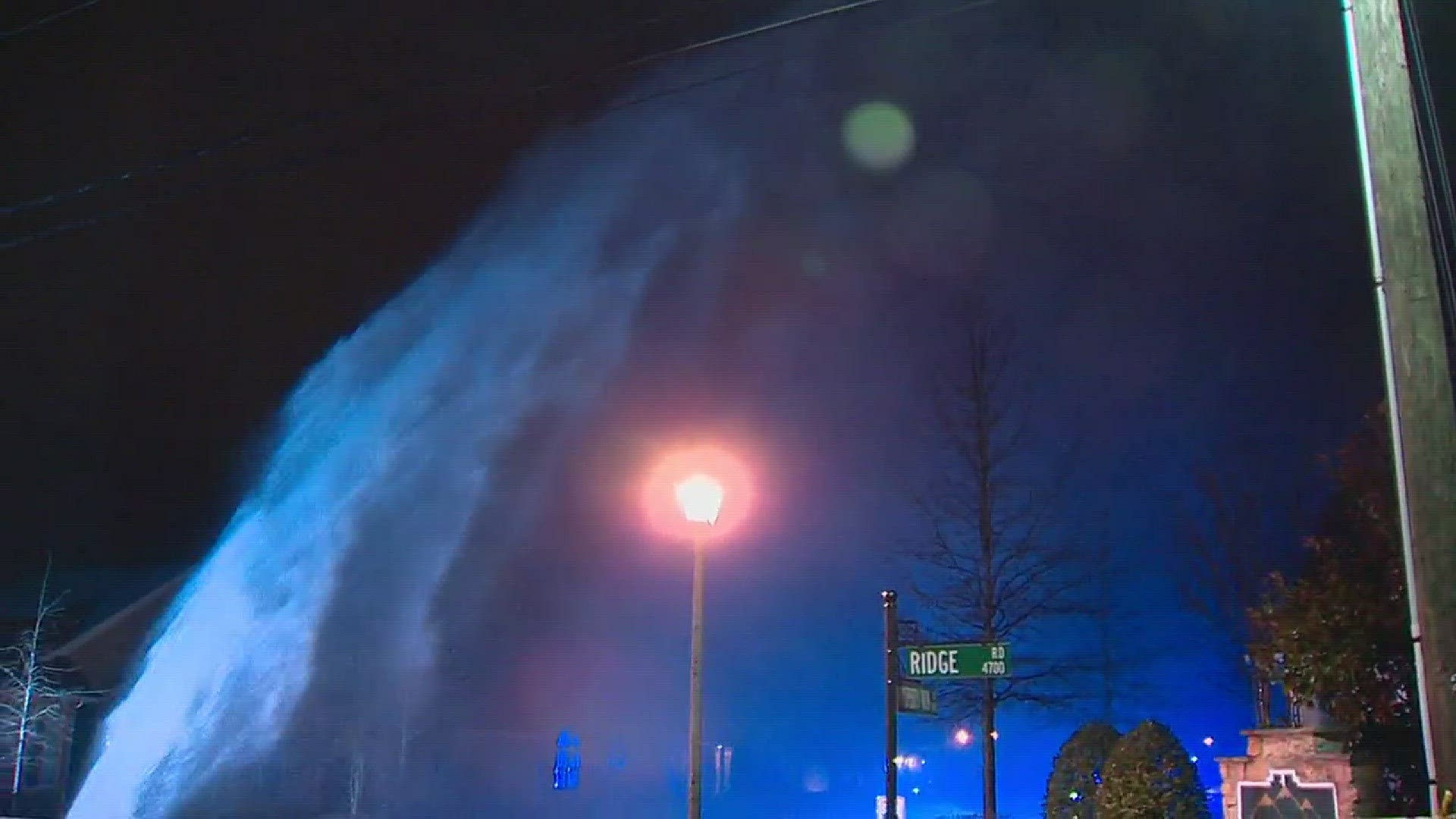 Dramatic footage was caught on camera after a water pipe break caused water to shoot 25 feet in the air Monday night.