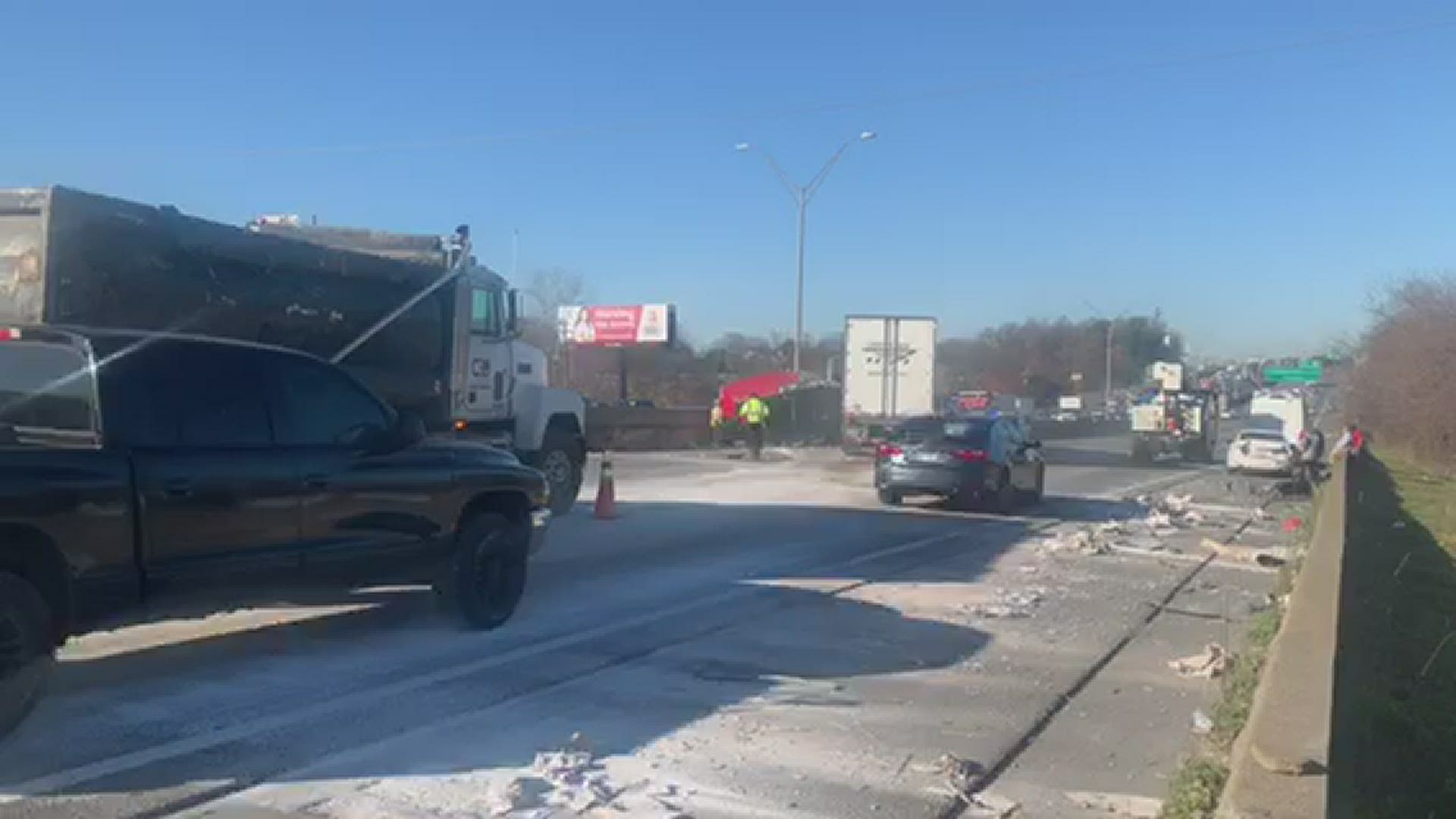 According to traffic cameras, the crash involves a tractor-trailer and several other vehicles.