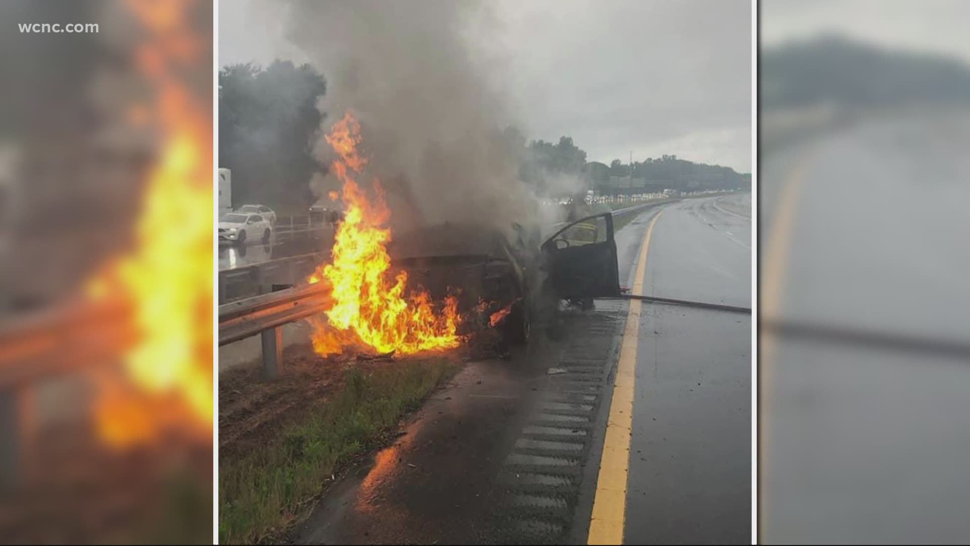 Police say a CMPD officer and two others sprang into action when they saw a woman trapped inside a burning vehicle.