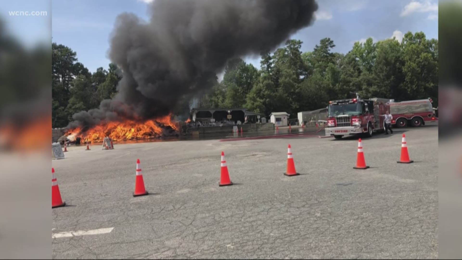 Sunday afternoon, big flames and a large plume of smoke were visible in Huntersville. The Huntersville Fire Department has not released any information on the cause at this time.