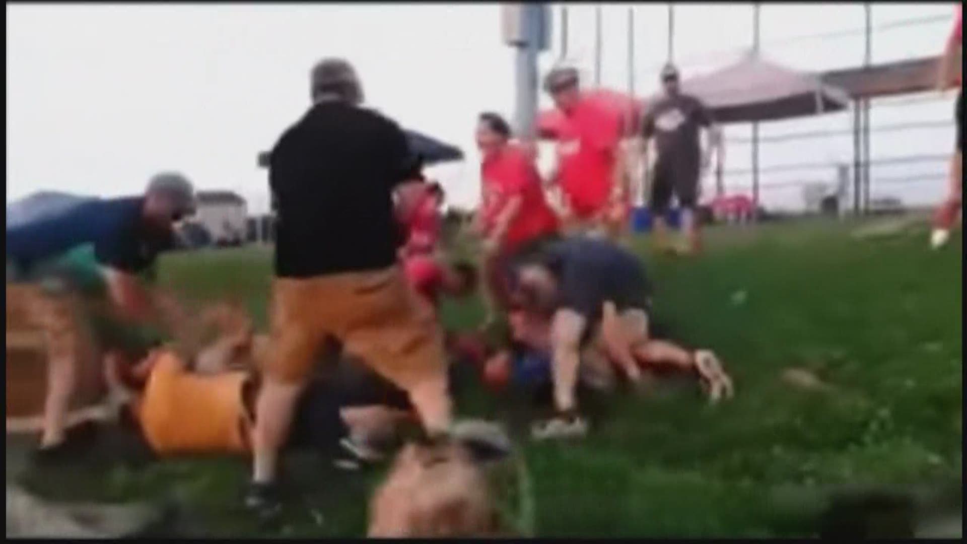 A video shows more than a half-dozen fans tackling each other to the ground amid a flurry of punches and kicks.