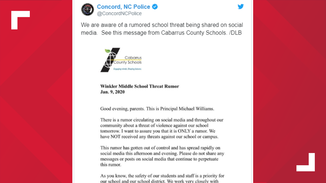 Threat at Concord's Winkler Middle School a social media rumor ...
