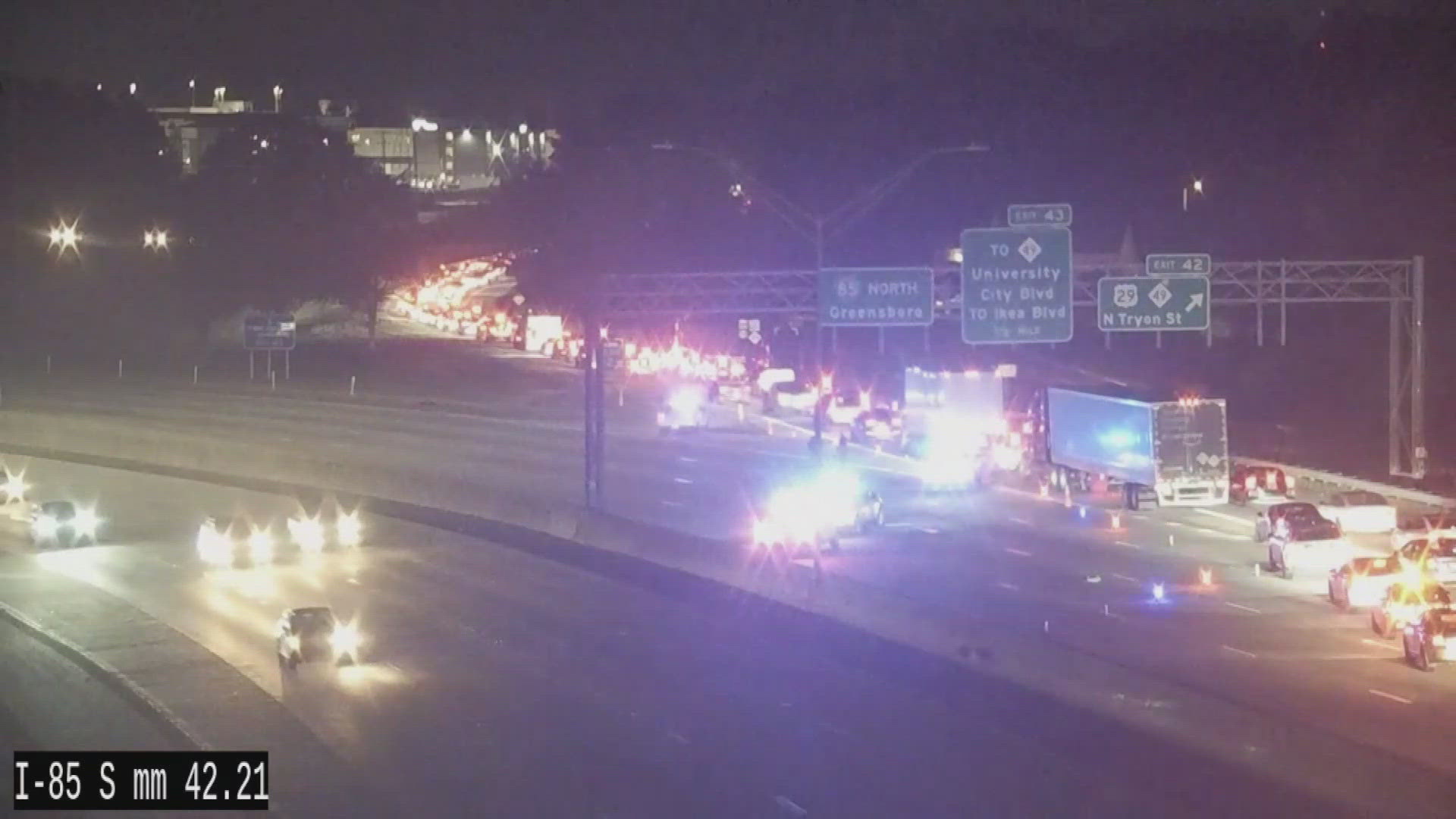 Traffic was backed up for miles on I-85 in north Charlotte after multiple incidents involving a tractor-trailer, CMPD said. 