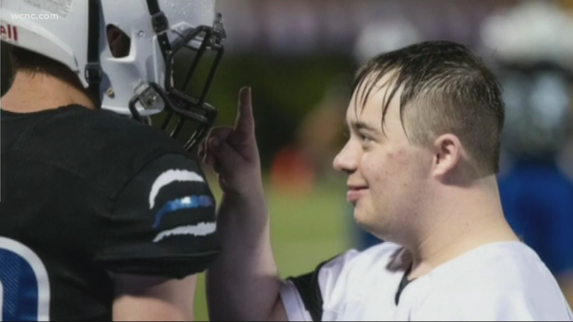 Sam "the man" has Down syndrome. He is 19 years old and has been helping and supporting his teammates since his freshman year at Lake Norman High.