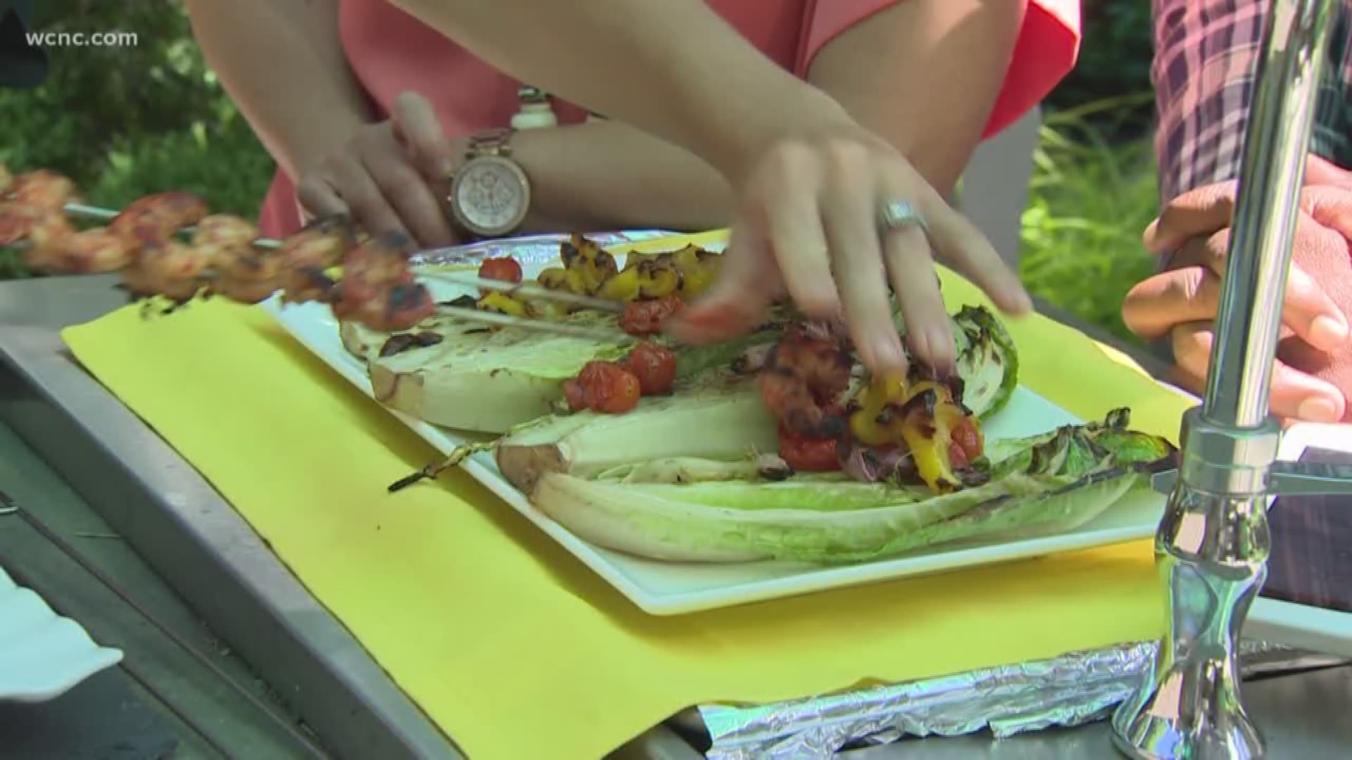 Health Coach, Samantha Eaton, fires up the grill to make a bright, flavorful salad that features fresh vegetables and shrimp.