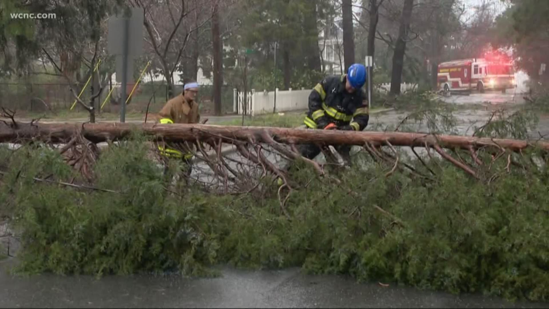 A midday thunderstorm with a possible tornado took down trees and powerlines as it came right through Matthews Thursday.