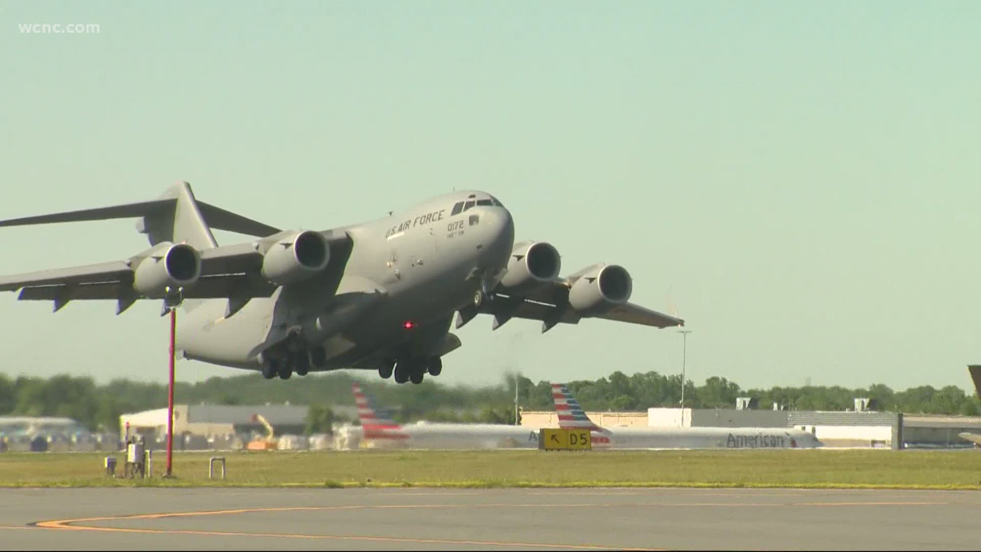 A C-17 flew over the Charlotte area Thursday as part of a nationwide effort to recognize frontline workers.