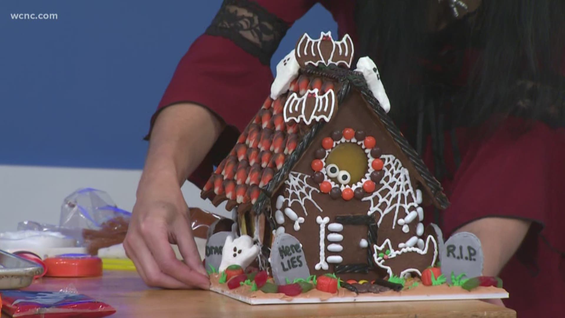 A homemade, edible gingerbread house – but for Halloween!