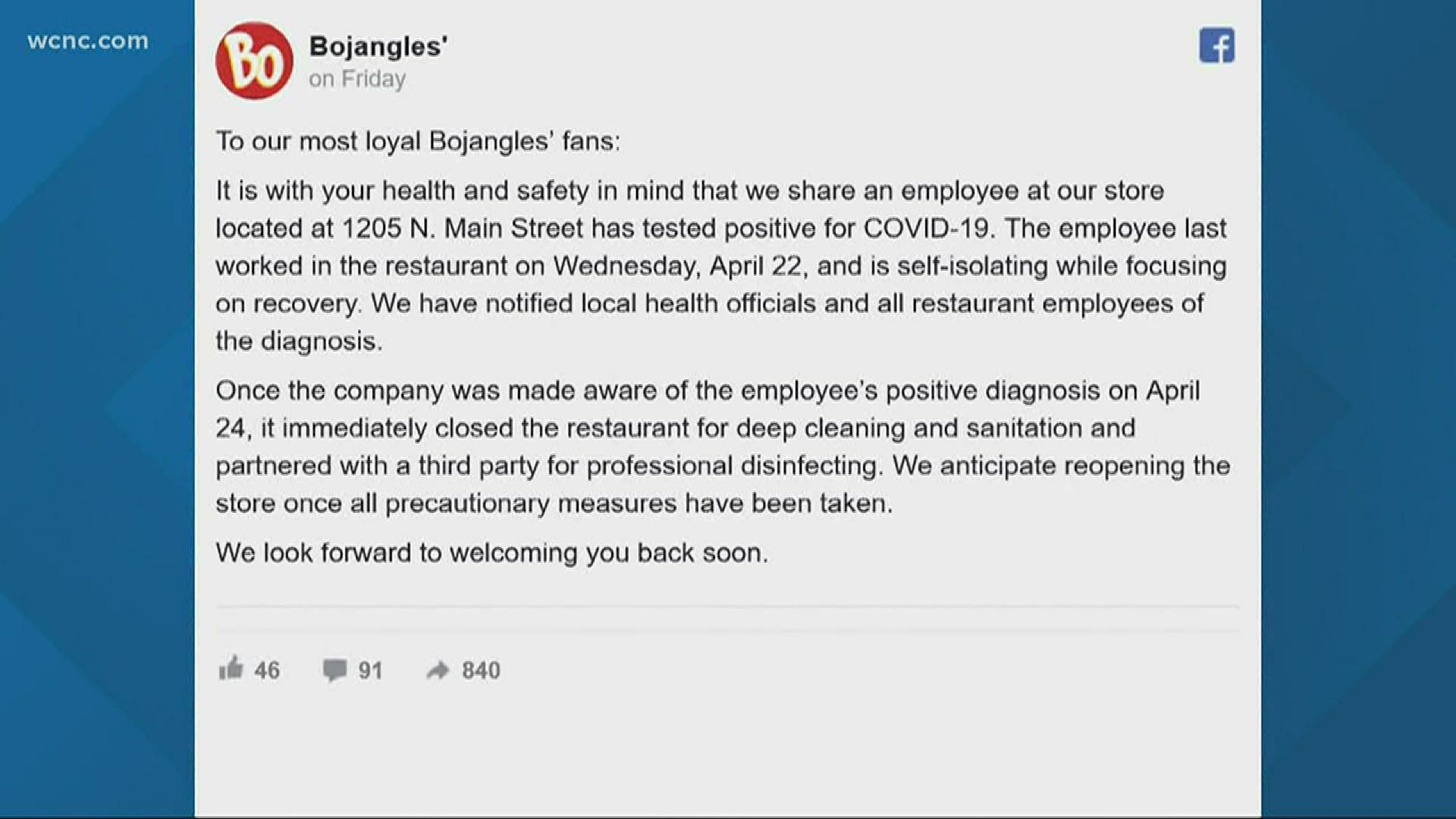 A Lancaster Bojangles' is closing its doors as an employee tests positive for the coronavirus. This employee had last worked this past Wednesday.