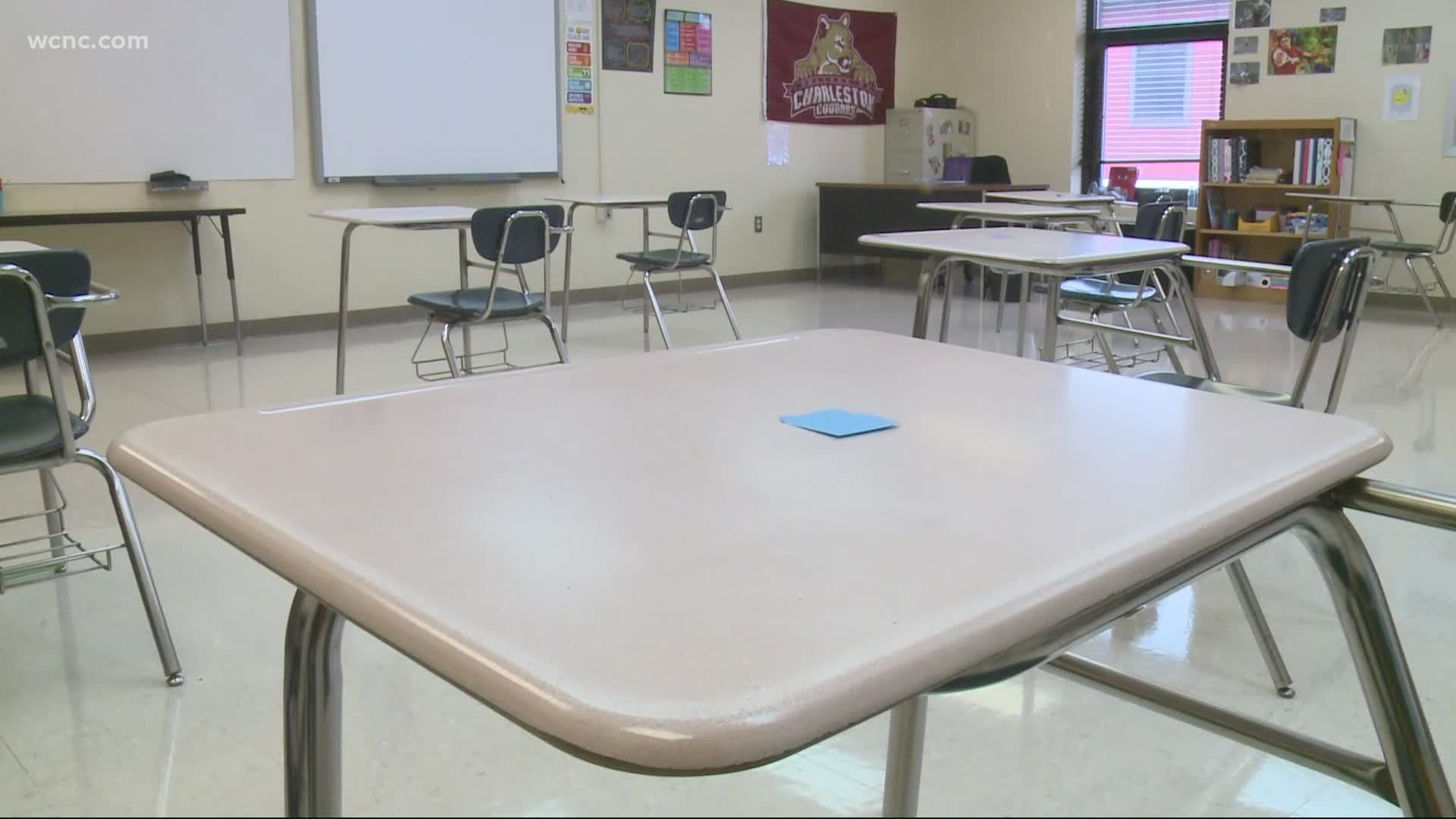 Classrooms are stripped down to the very basics to allow for easy cleaning and social distancing.