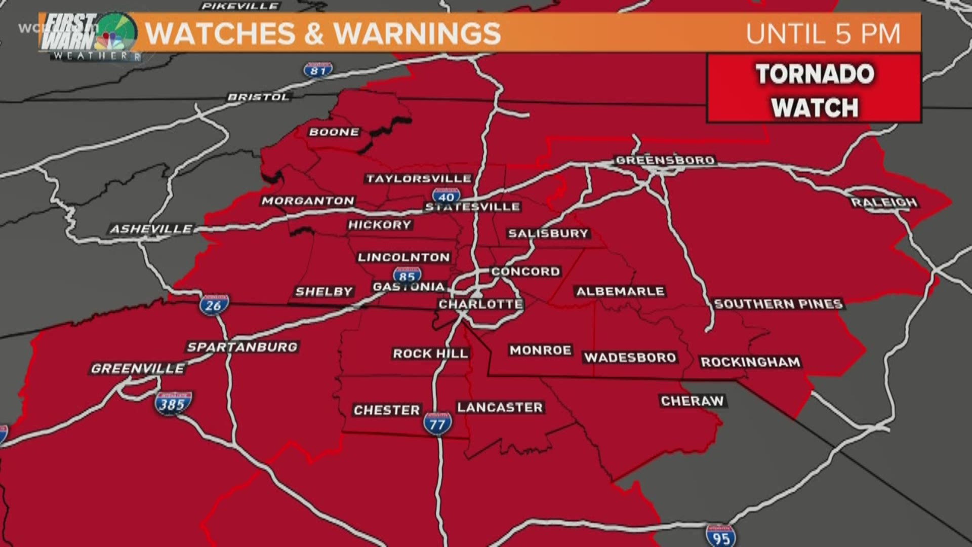 A Tornado Watch is in effect until 5 p.m. for the Charlotte area ahead of a line of thunderstorms that could bring severe weather Friday afternoon.