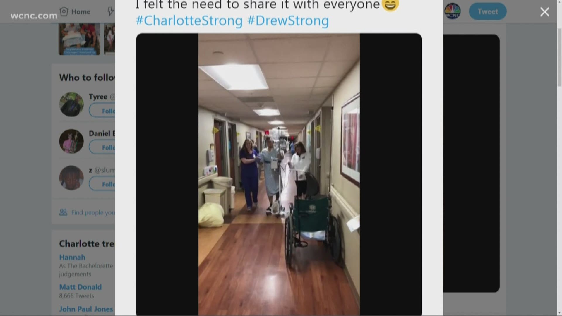 UNC Charlotte shooting survivor Drew Pescaro took his first steps nearly two weeks after he was shot on the final day of class.