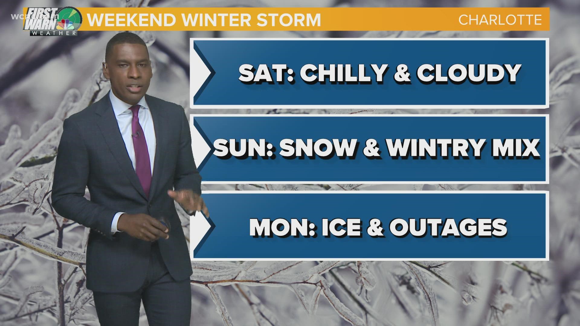The biggest winter storm since December 2018 will bring a wintry mix of freezing rain, ice, sleet, and snow to the Charlotte region Saturday night throughout Sunday.