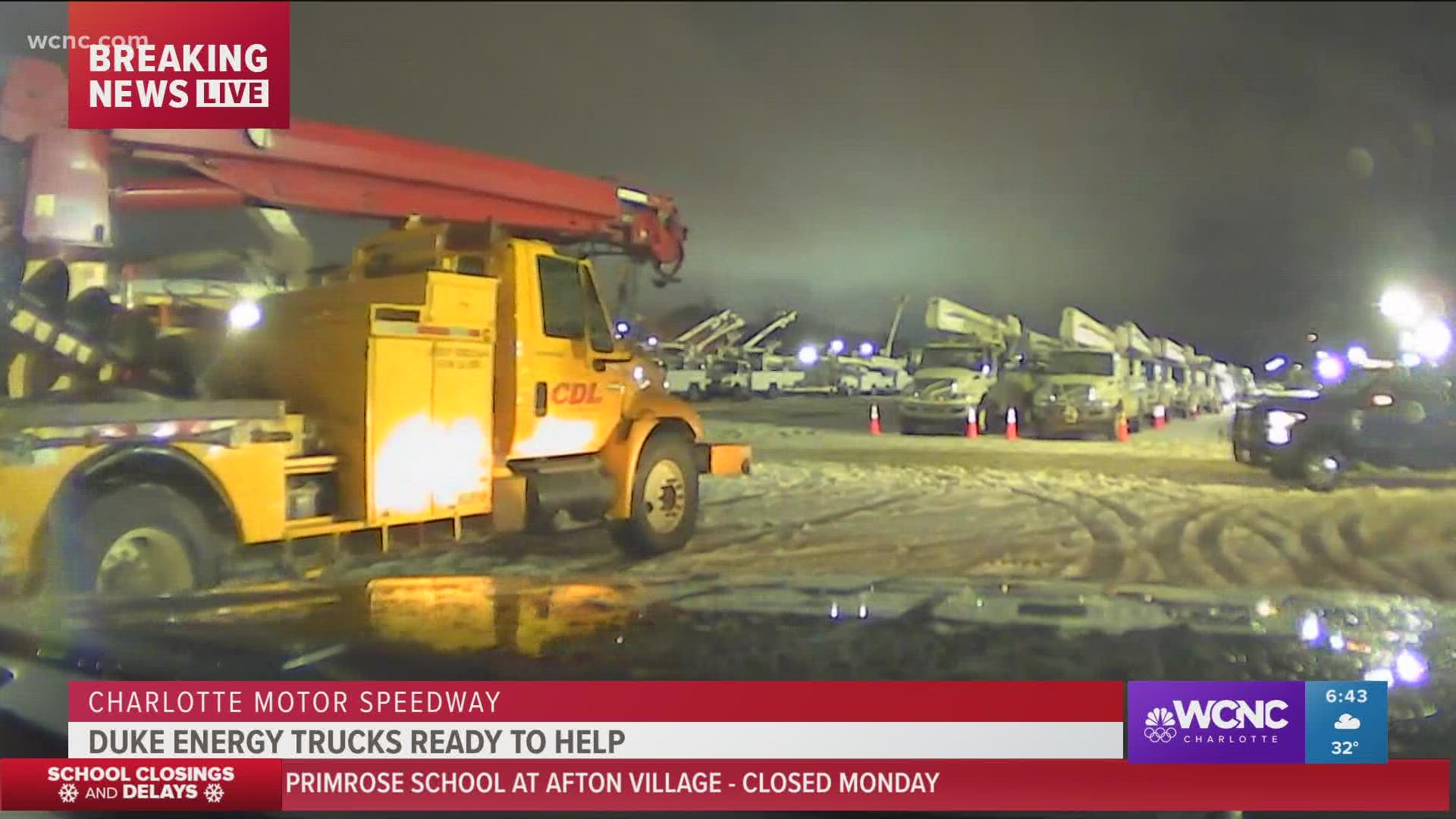 Power crews from out of town are staged at Charlotte Motor Speedway to help resolve outages caused by Sunday's winter storm.