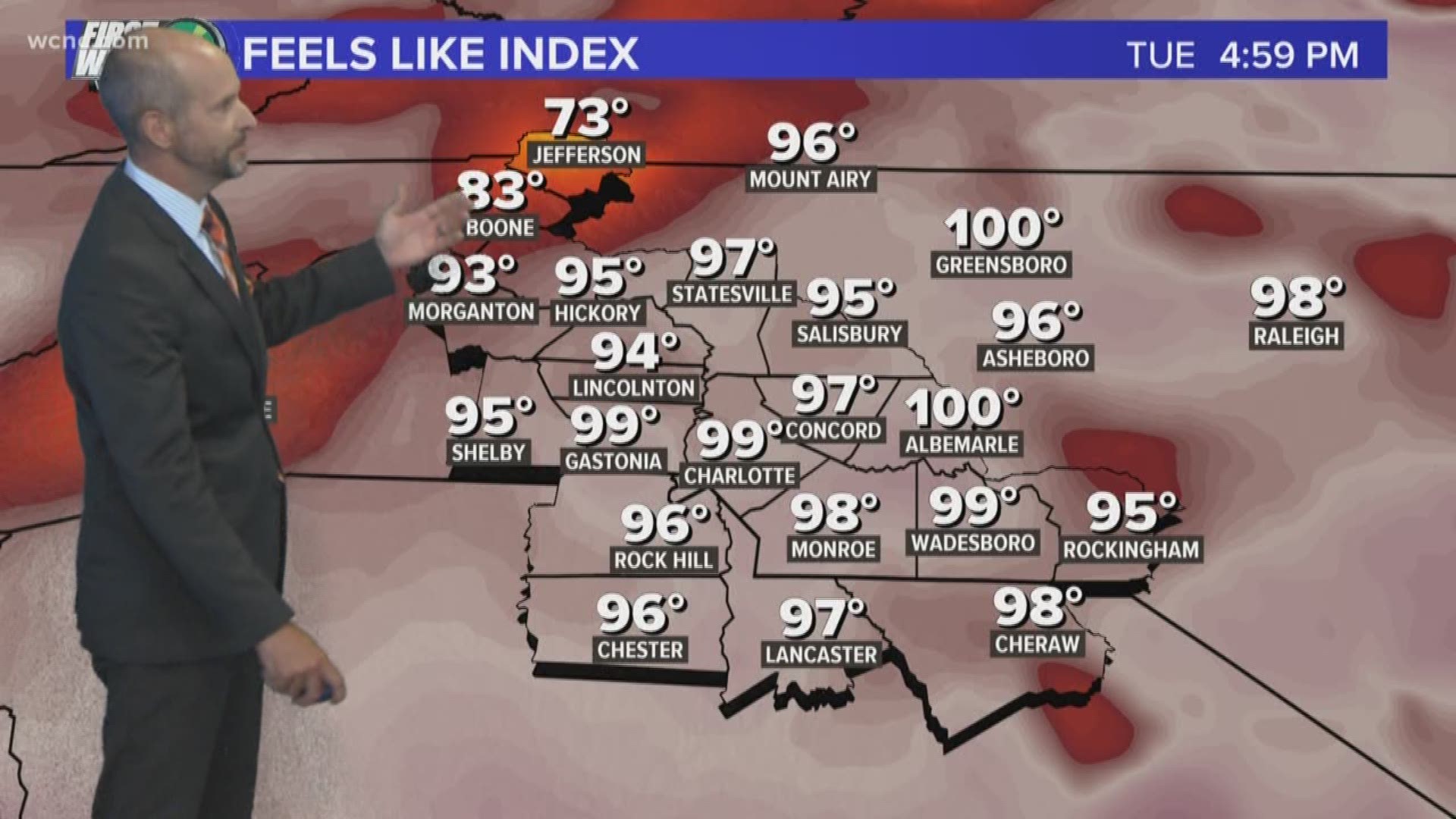 The feels like index across the Charlotte area is showing temperatures at or near 100 degrees Tuesday as a heat wave begins.
