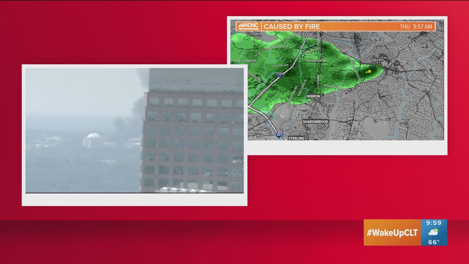 Radar from a massive fire burning in south Charlotte is showing up on weather radar.